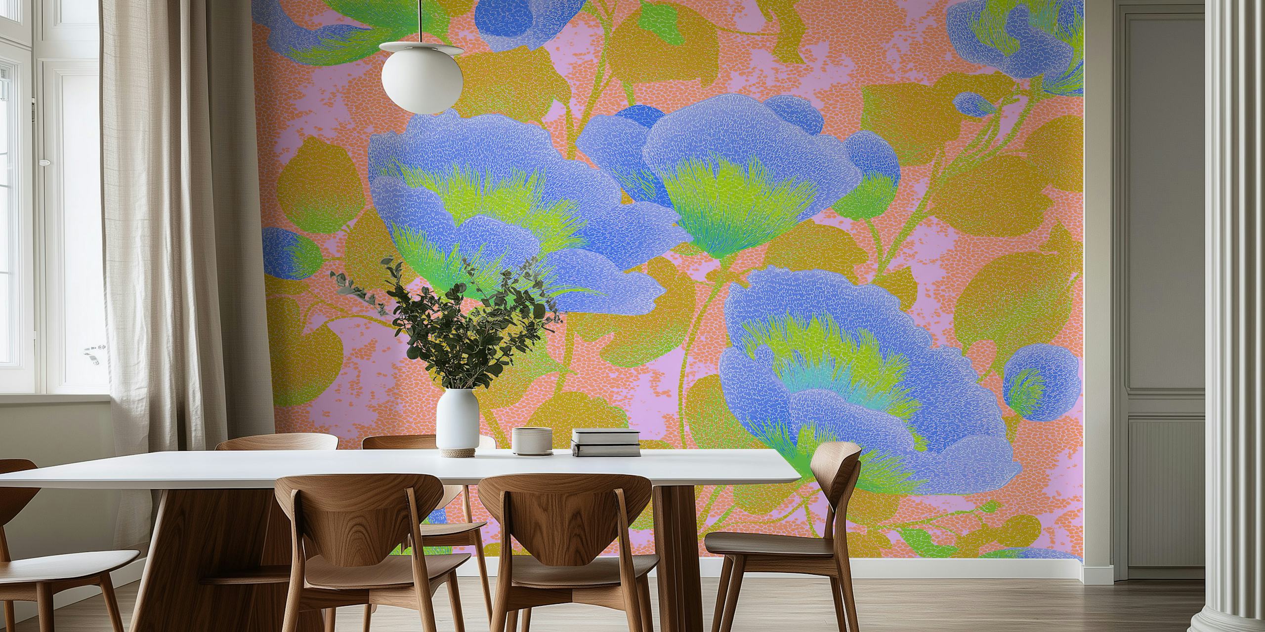 Large blue blossoms and green leaves on a pink background wallpaper