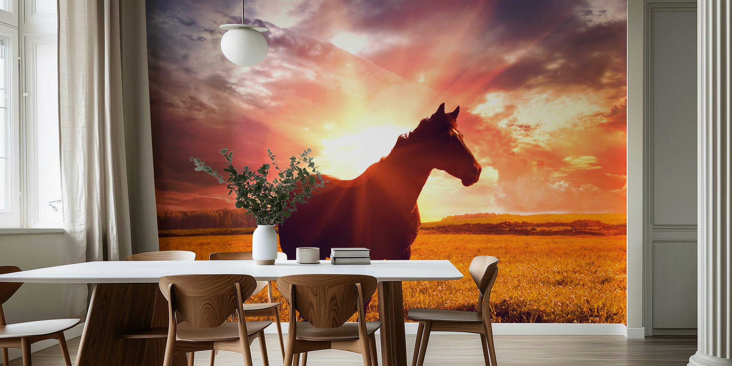 Tapeta Golden Dawn with Horse v místnosti