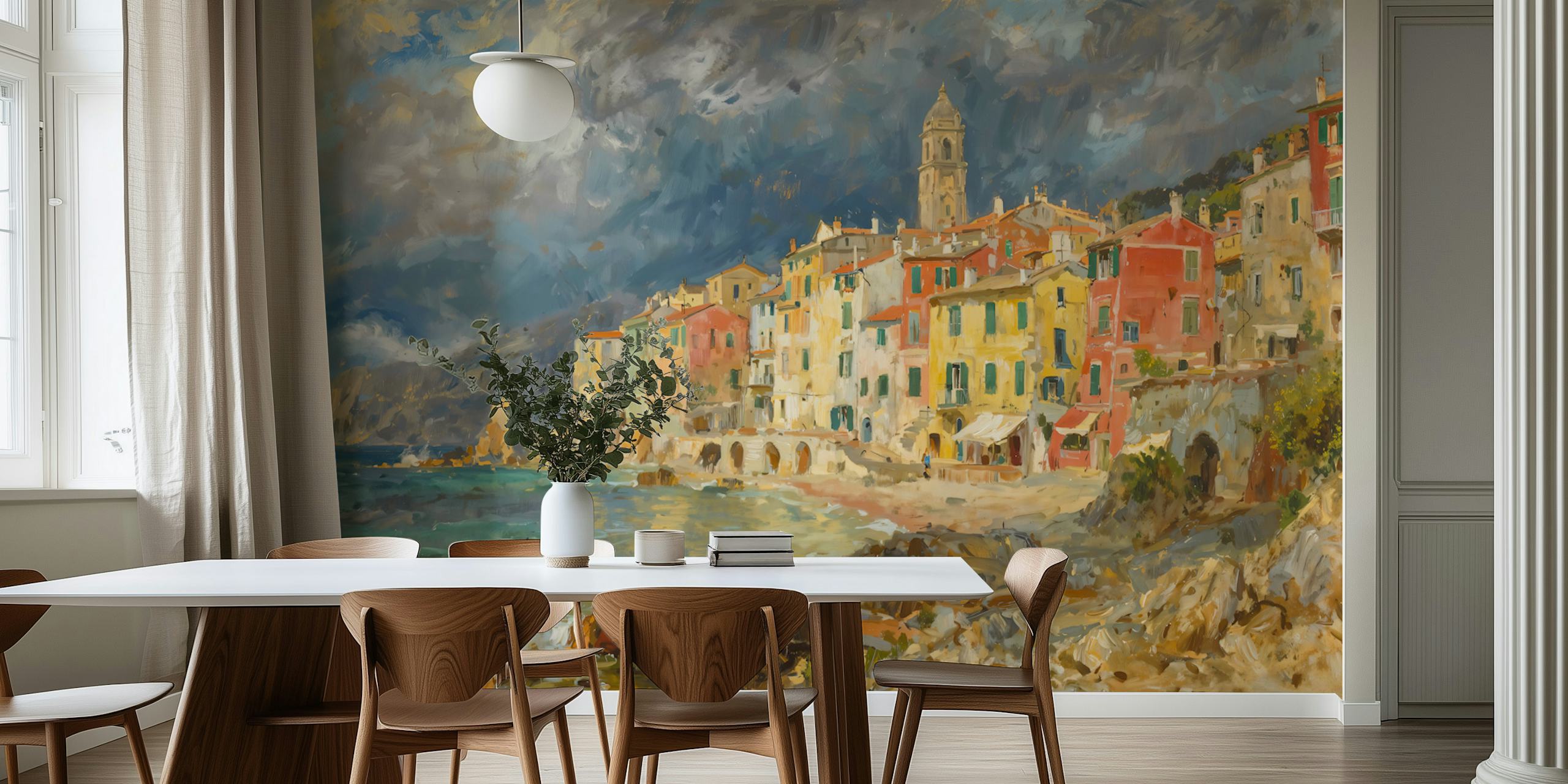 Cinque Terre Village Painting papier peint dans une pièce