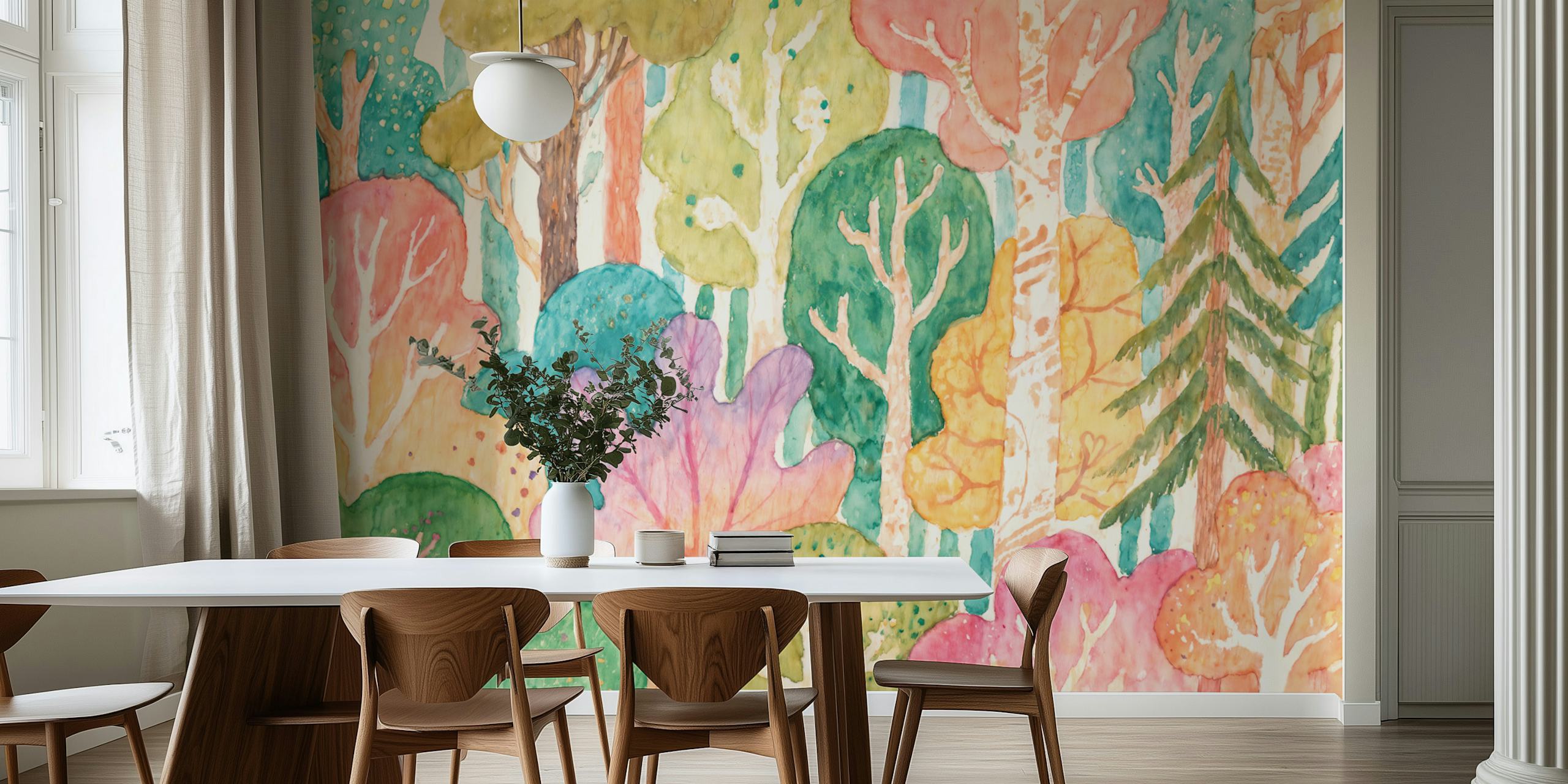Colorful trees in shades of green, pink, and orange watercolor wallpaper