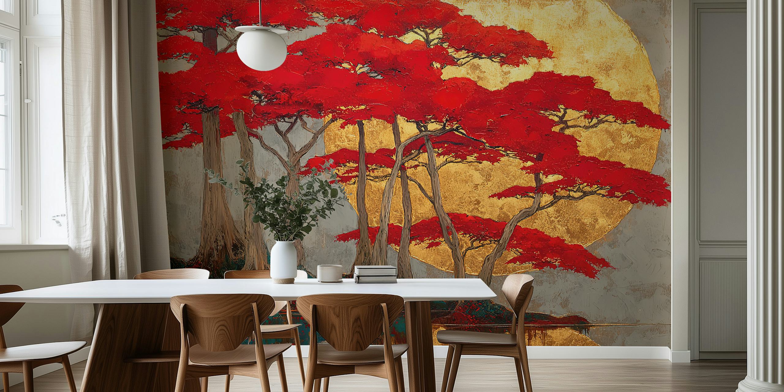 Red trees with golden background wall mural wallpaper