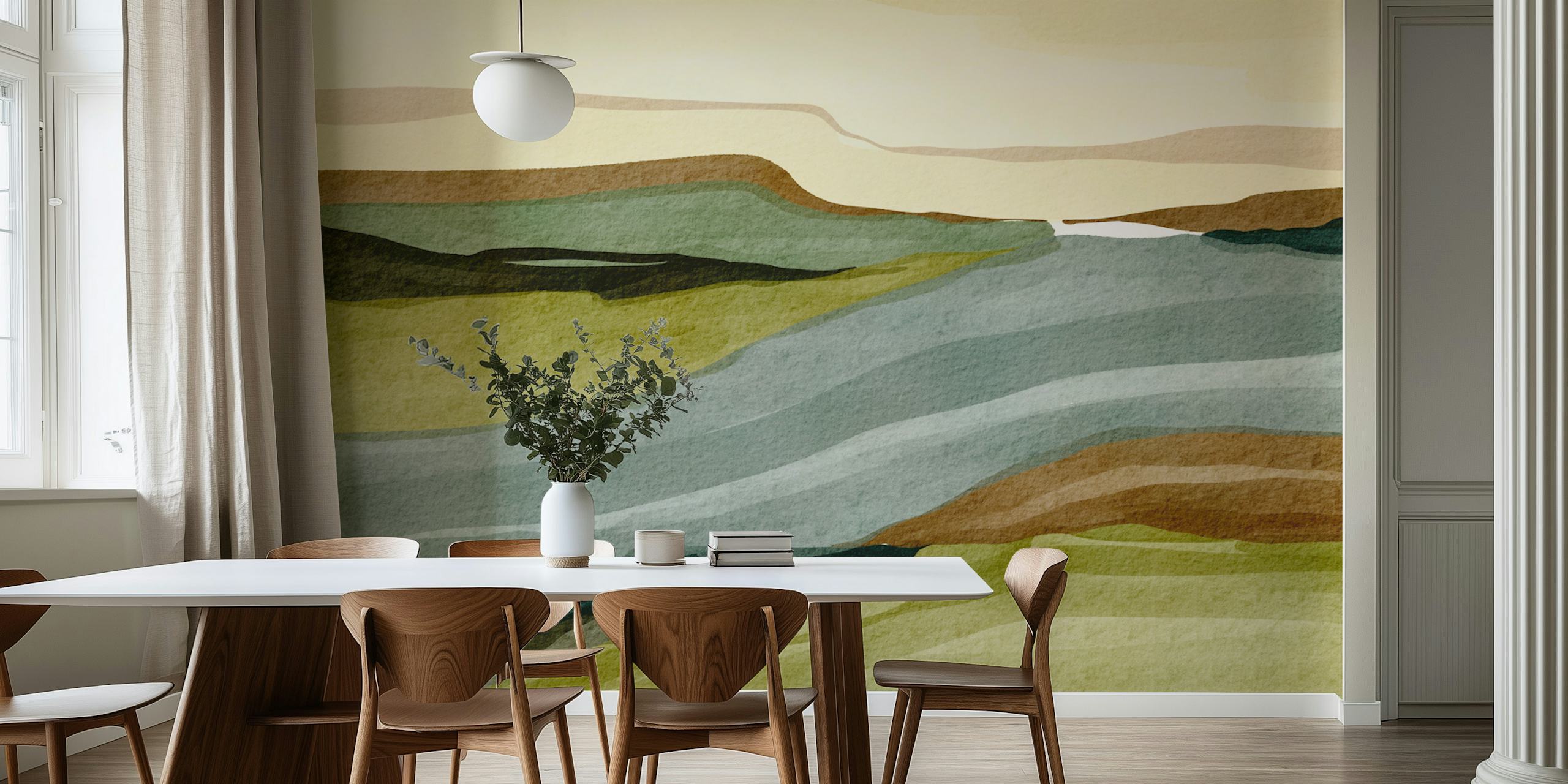 Calm Riverbank Scene wallpaper in a room