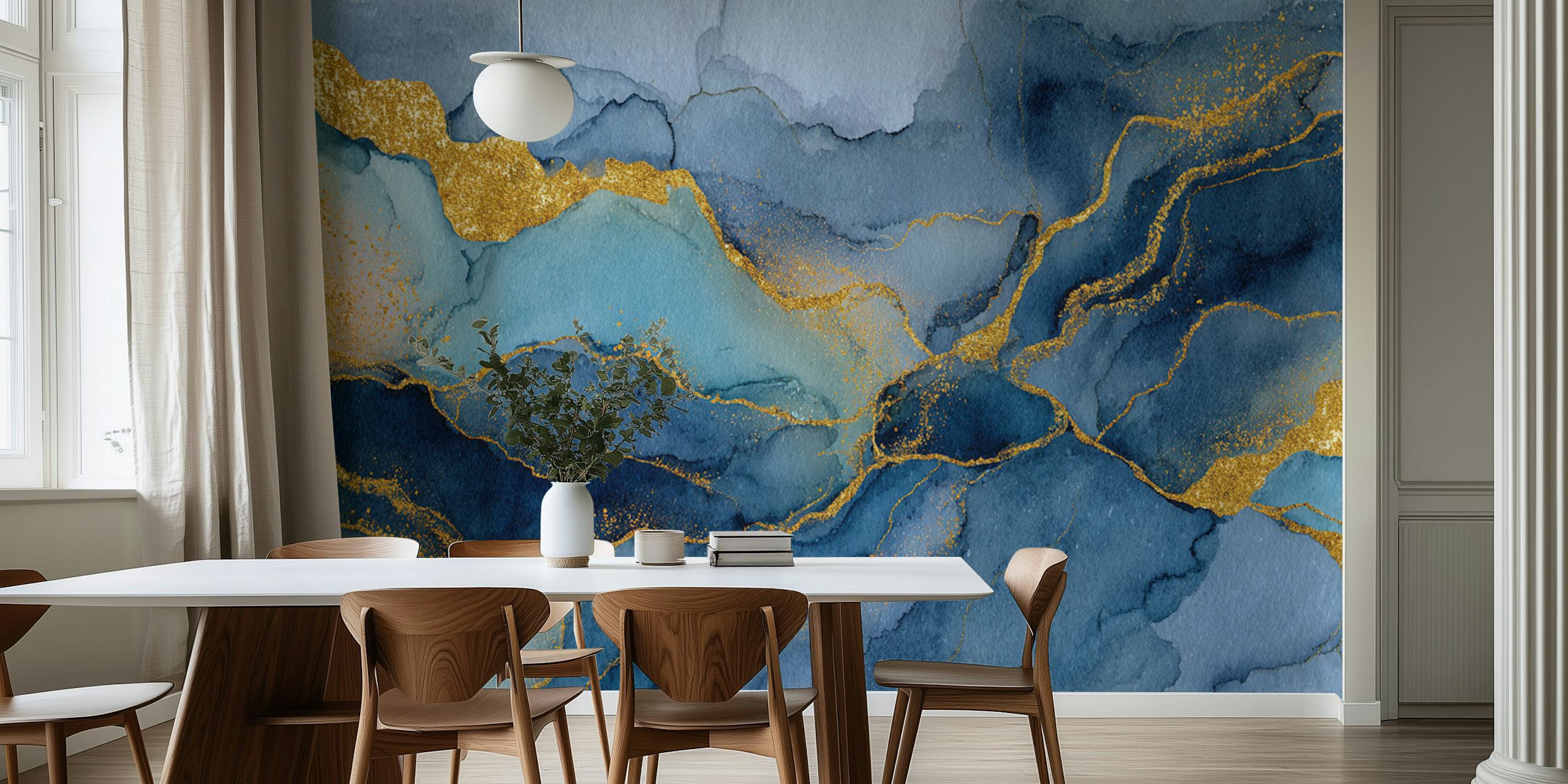 Luxurious Blue Marble with Golden Geode Veins tapeta