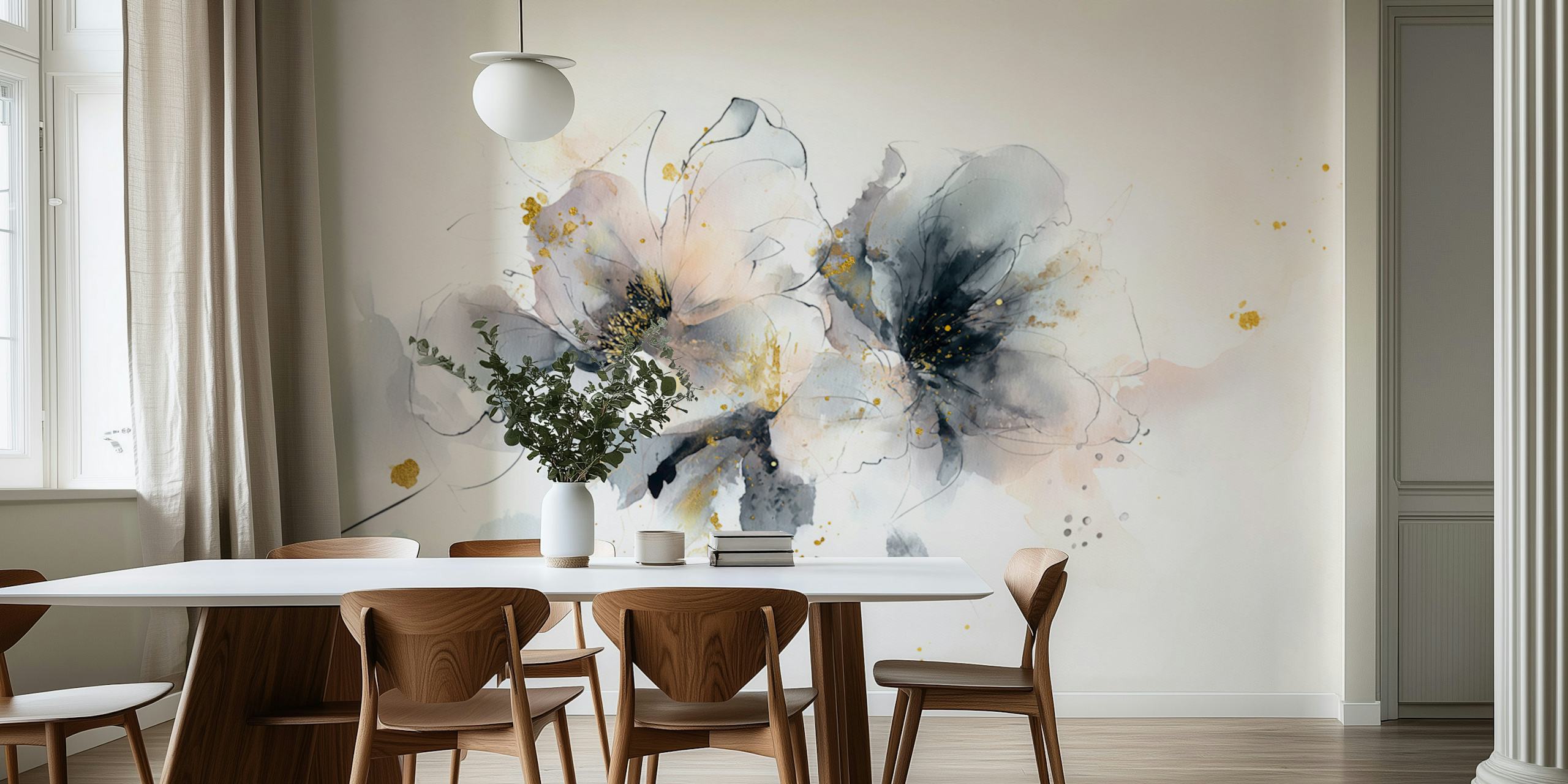 Aquarellblumen mit goldenen Akzenten wallpaper