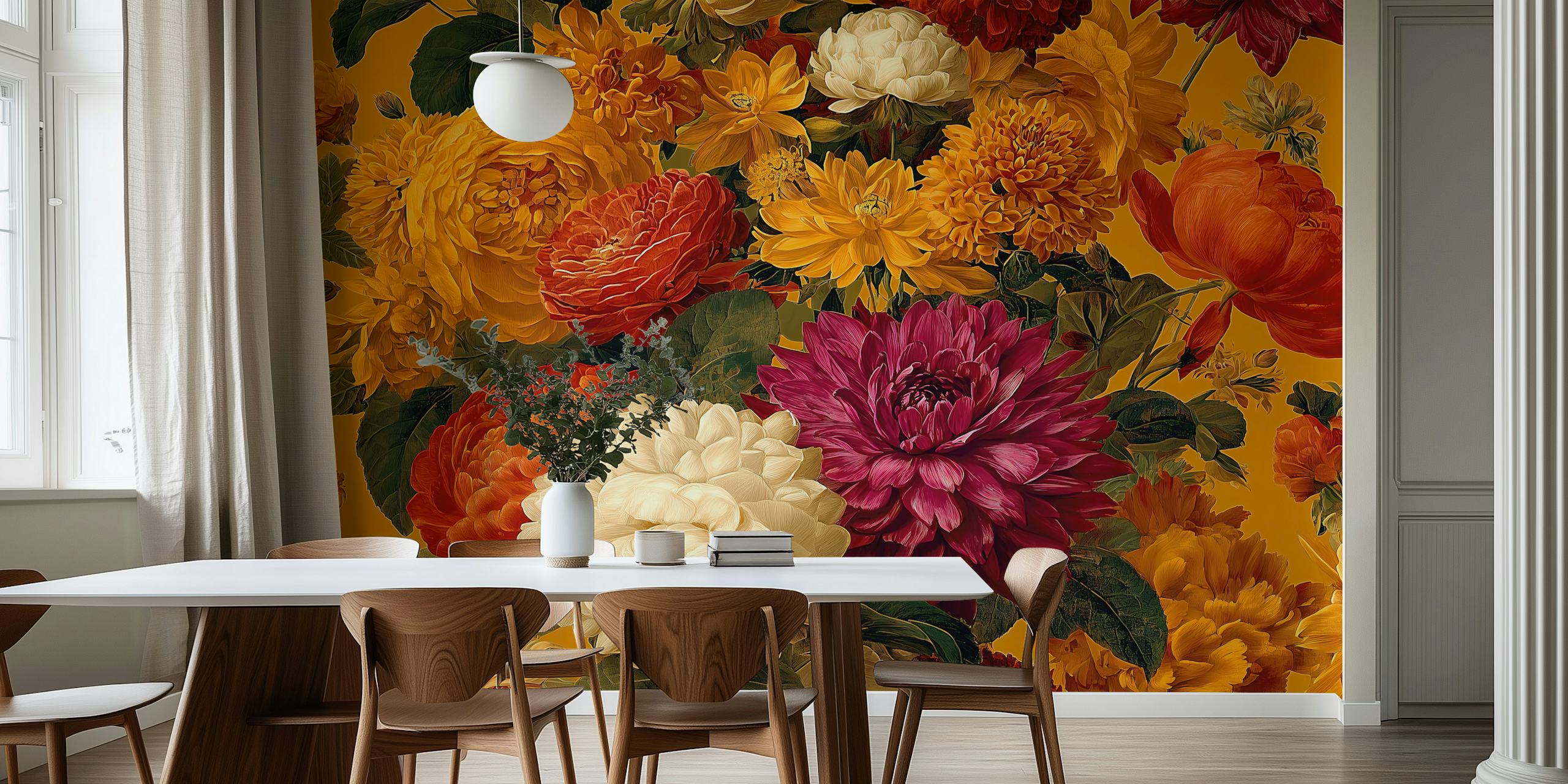 Colorful floral wallpaper featuring orange, yellow, and purple flowers