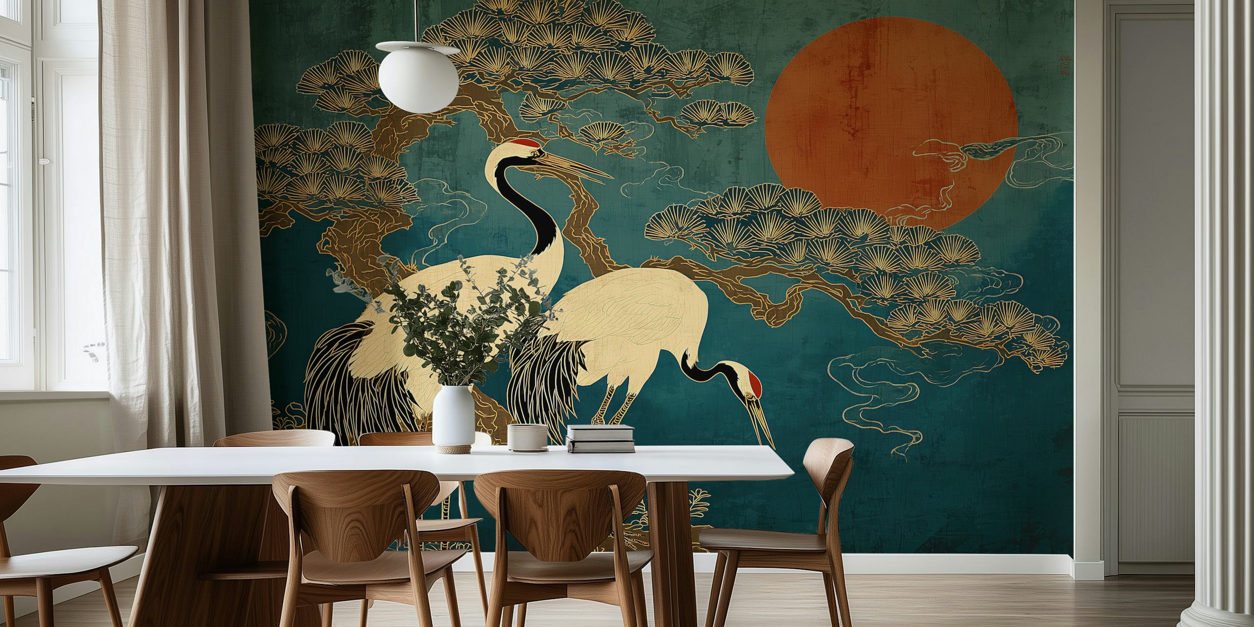 Design del wallpaper Serene Nightfall Crane nella stanza