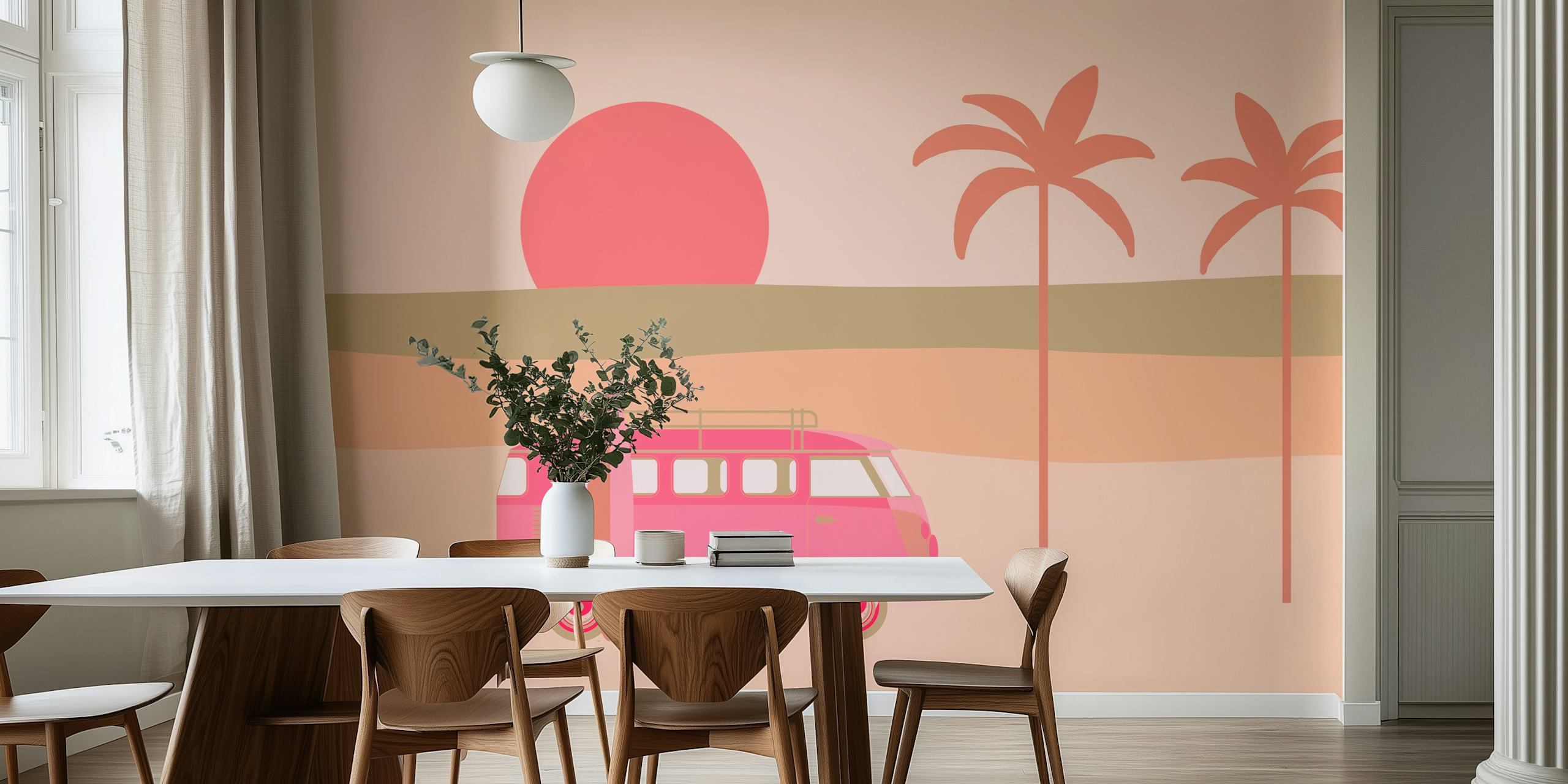 Pink camper van with surfboard and palm trees against sunset. Tropical wallpaper