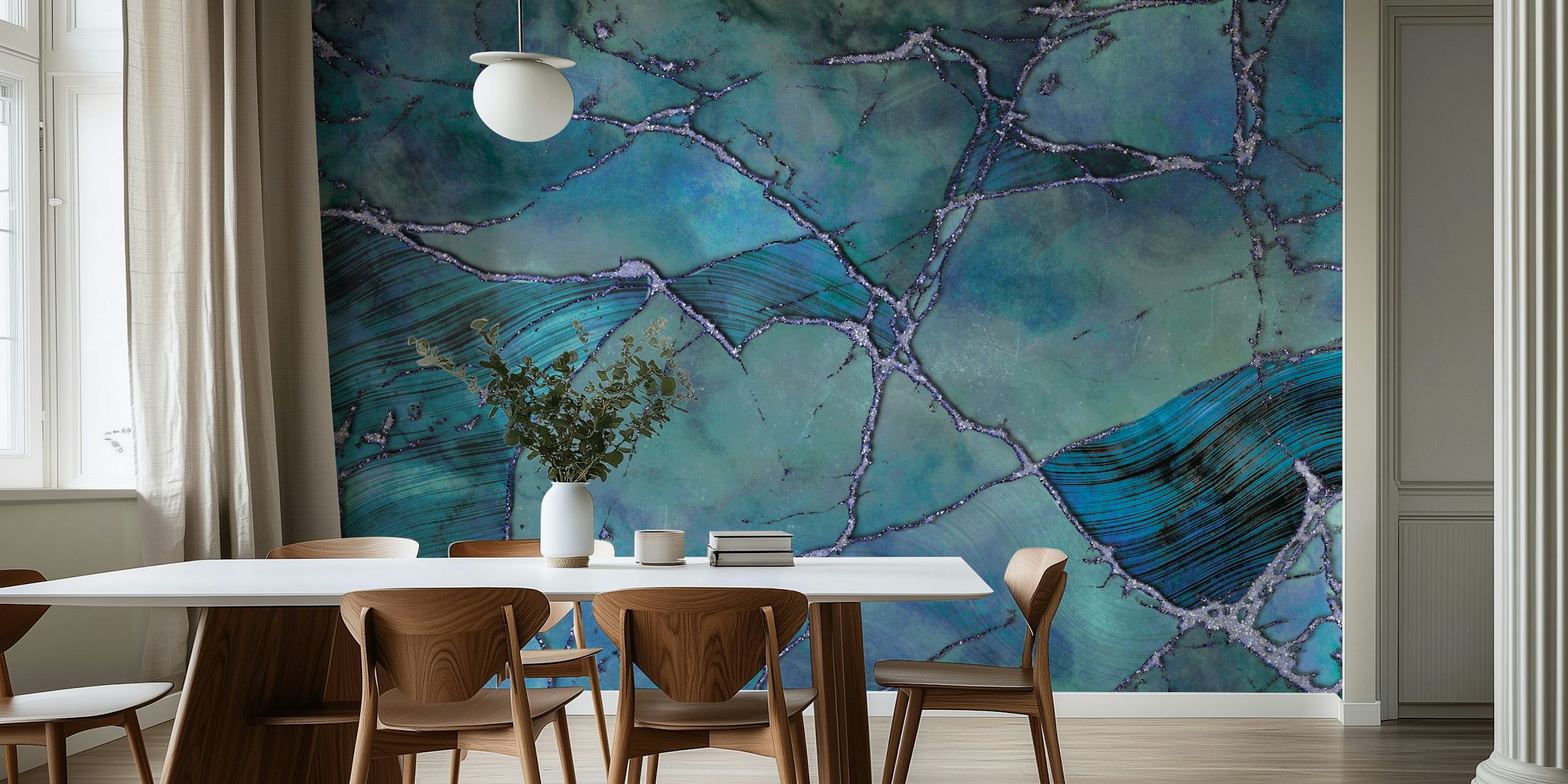 Luxurious blue marble gemstone texture wall mural with swirling patterns and rich tones.