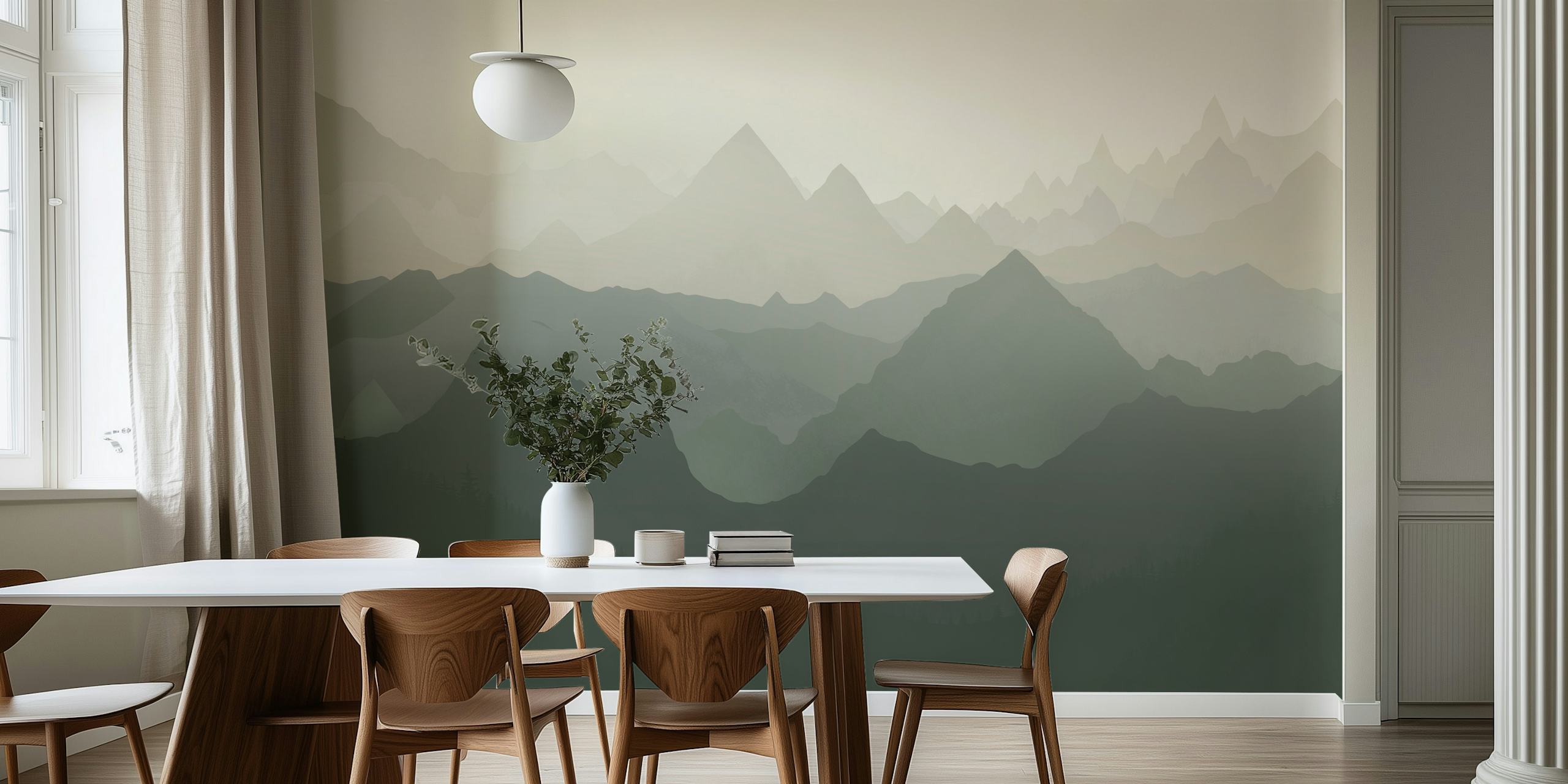 Layered mountain landscape in green tones wallpaper
