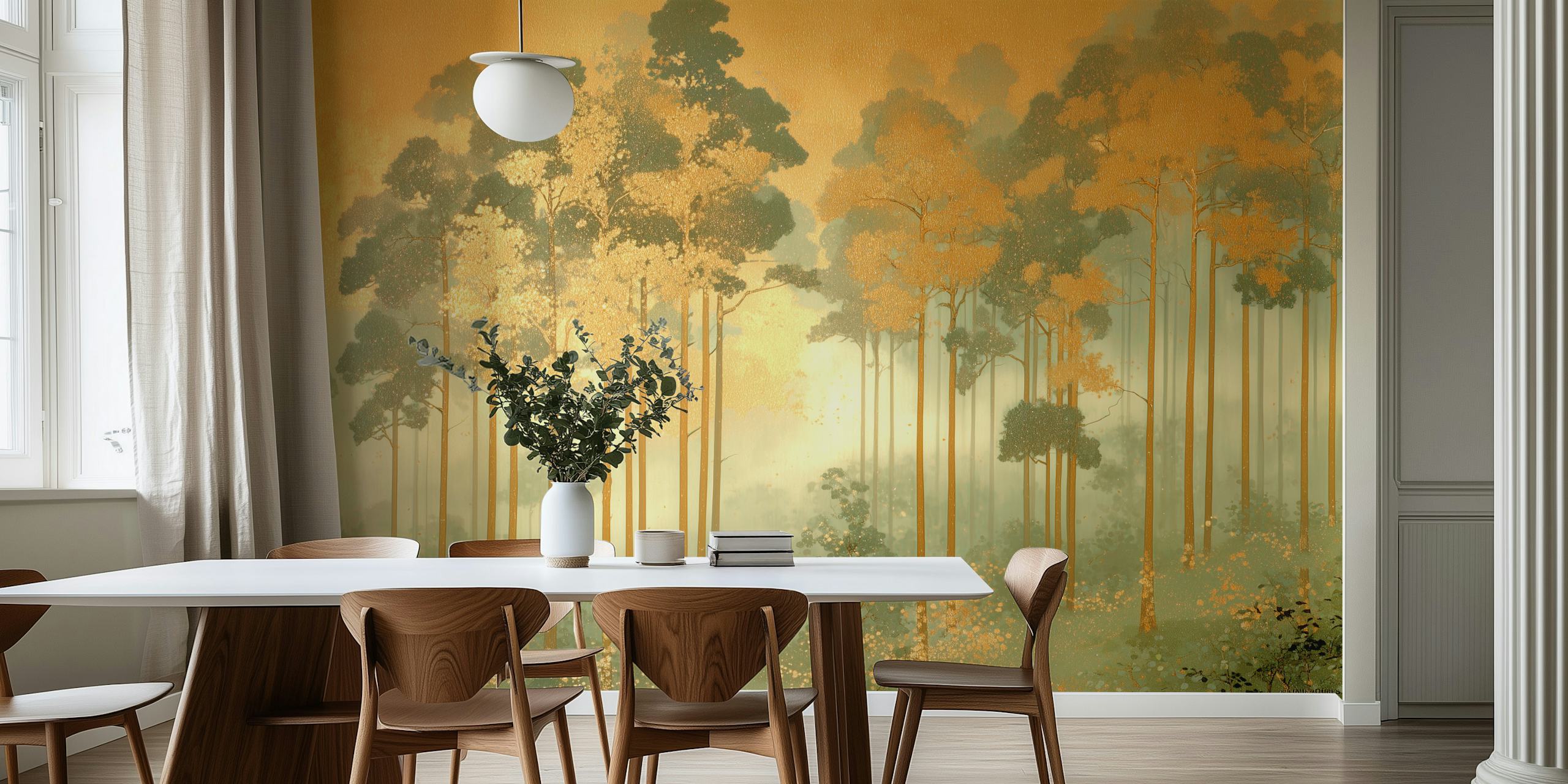 Papel de parede Golden Forest Dawn em um quarto