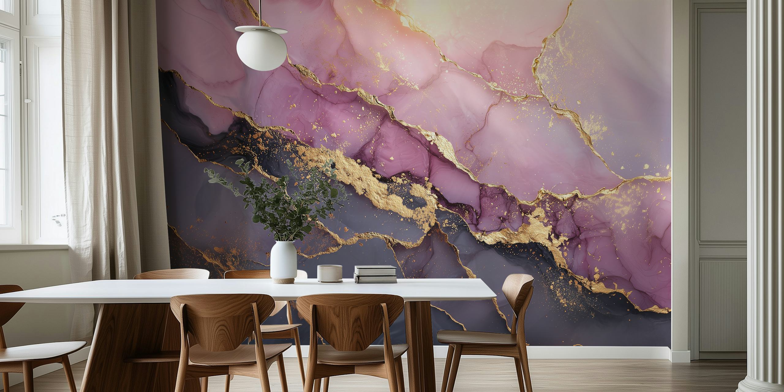 Lavender and gold waves wallpaper in a room