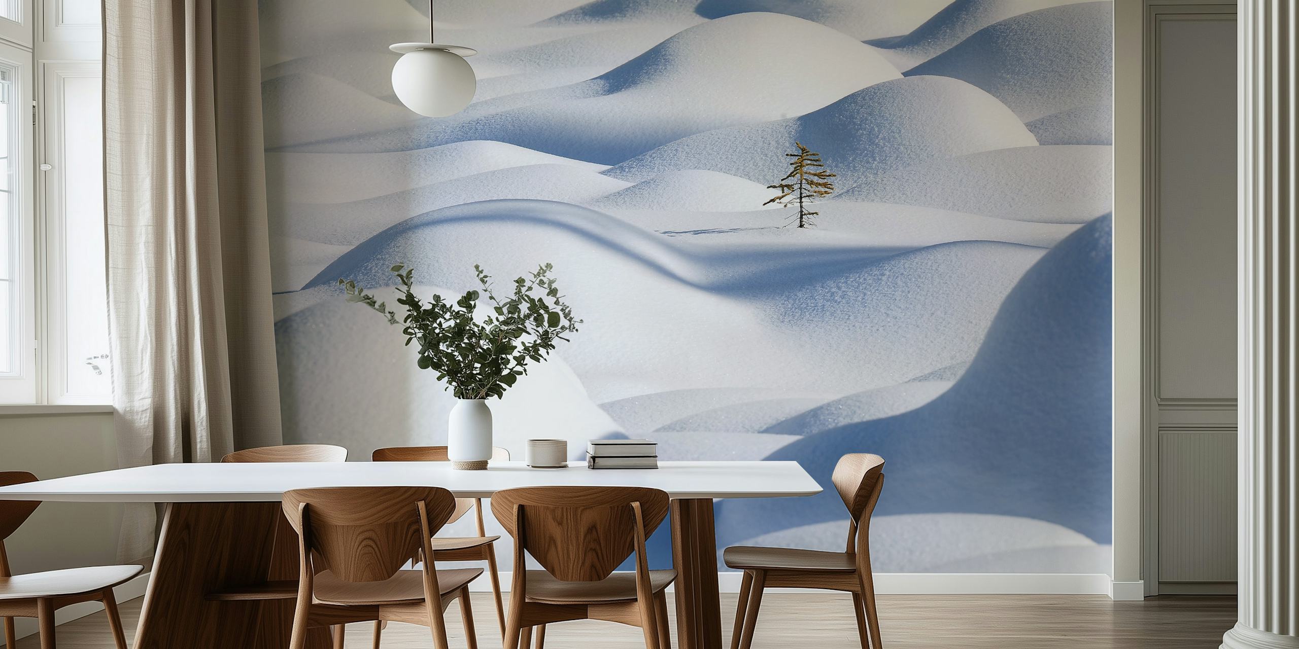 White snow hills with soft, curve shapes and a single tree wallpaper