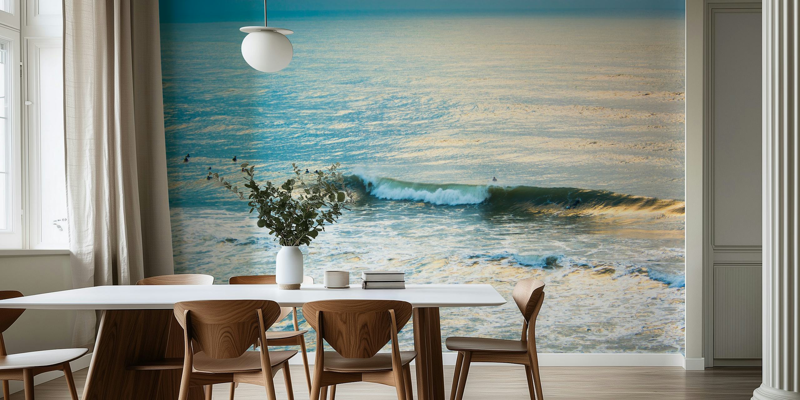 Ocean waves and surfers in blue tones wallpaper