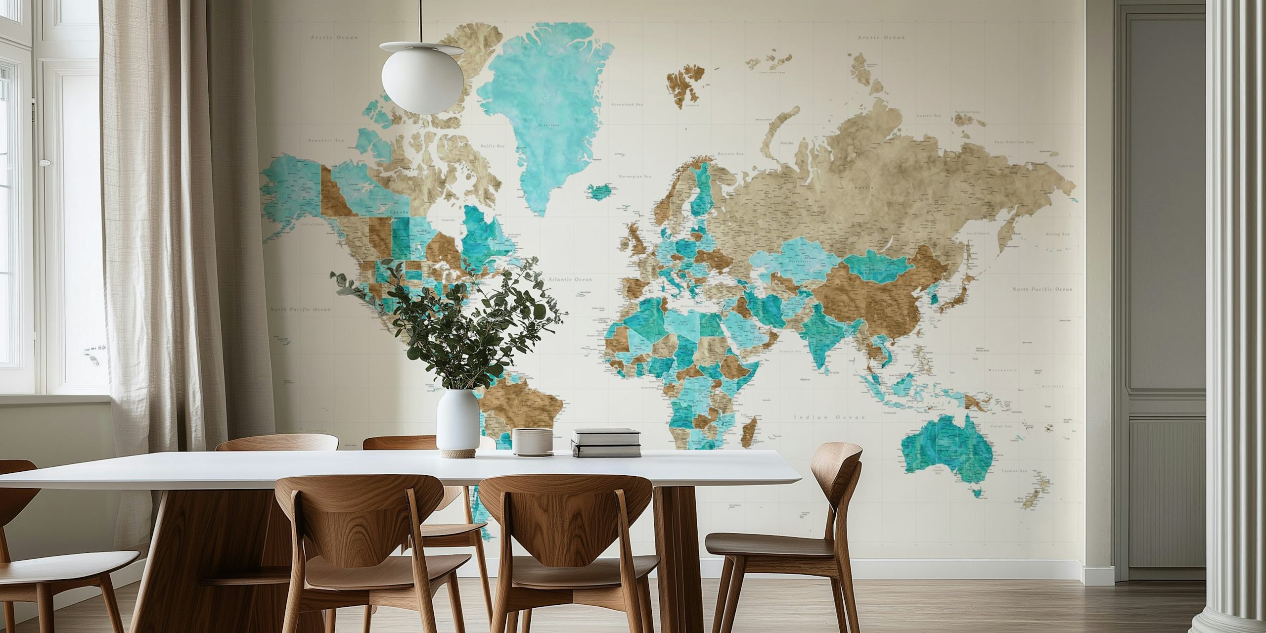 World map in sandy brown and turquoise colors wallpaper