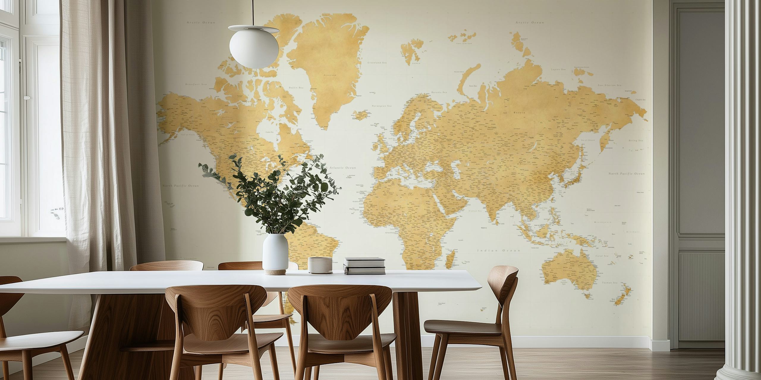 High detail world map wallpaper in a room