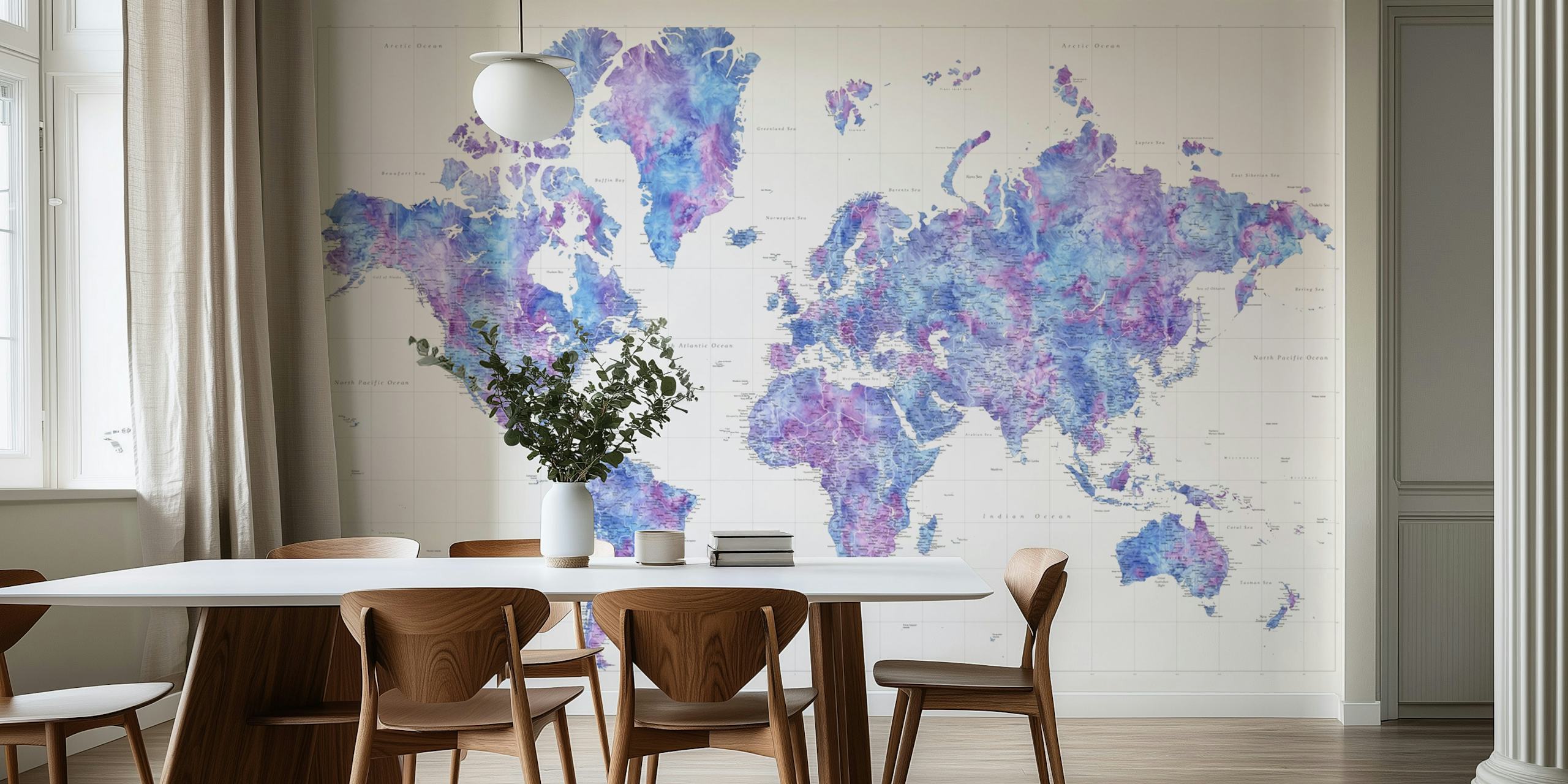 Colorful world map in blue and purple watercolor wallpaper