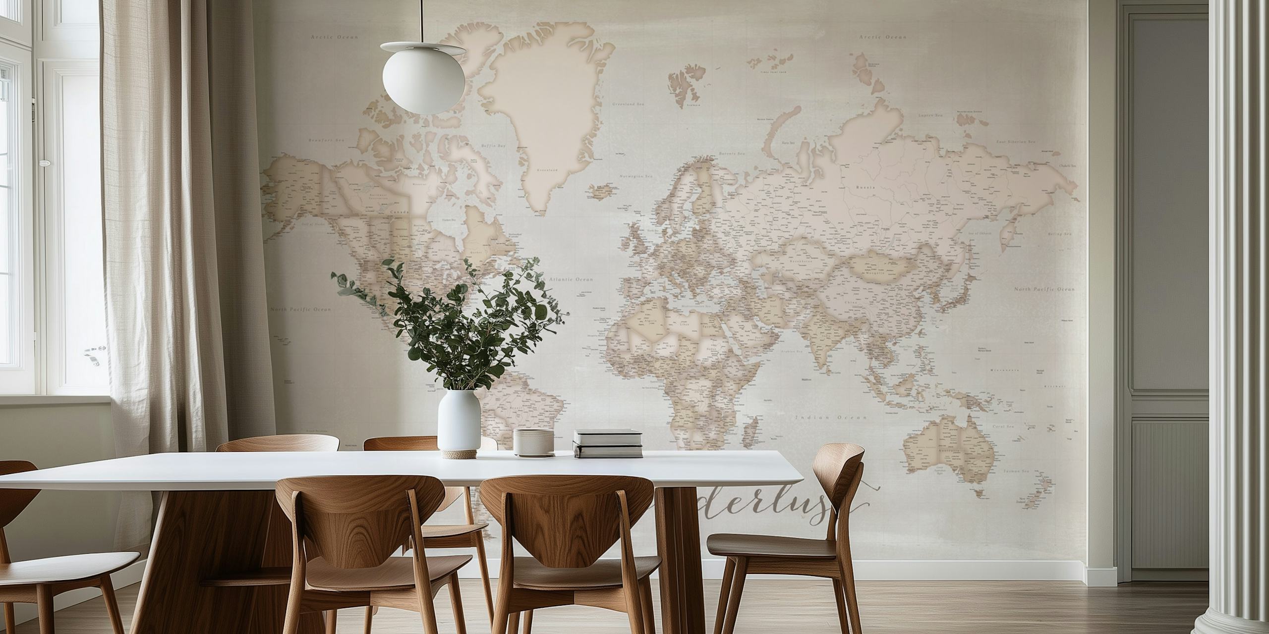 Tyylikäs maailman kartta seinämaalaus nimeltä Wanderlust maailman kartta LucilleHD, jossa lukee Wanderlust