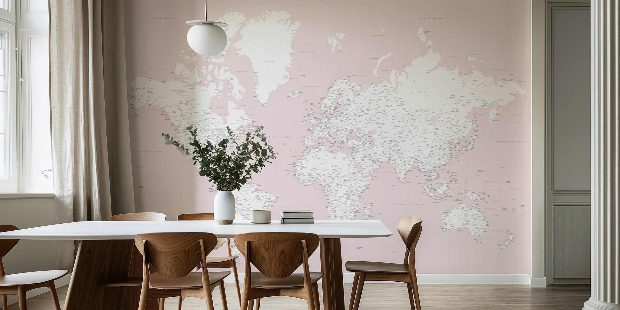 High detail world map in rosa pallido