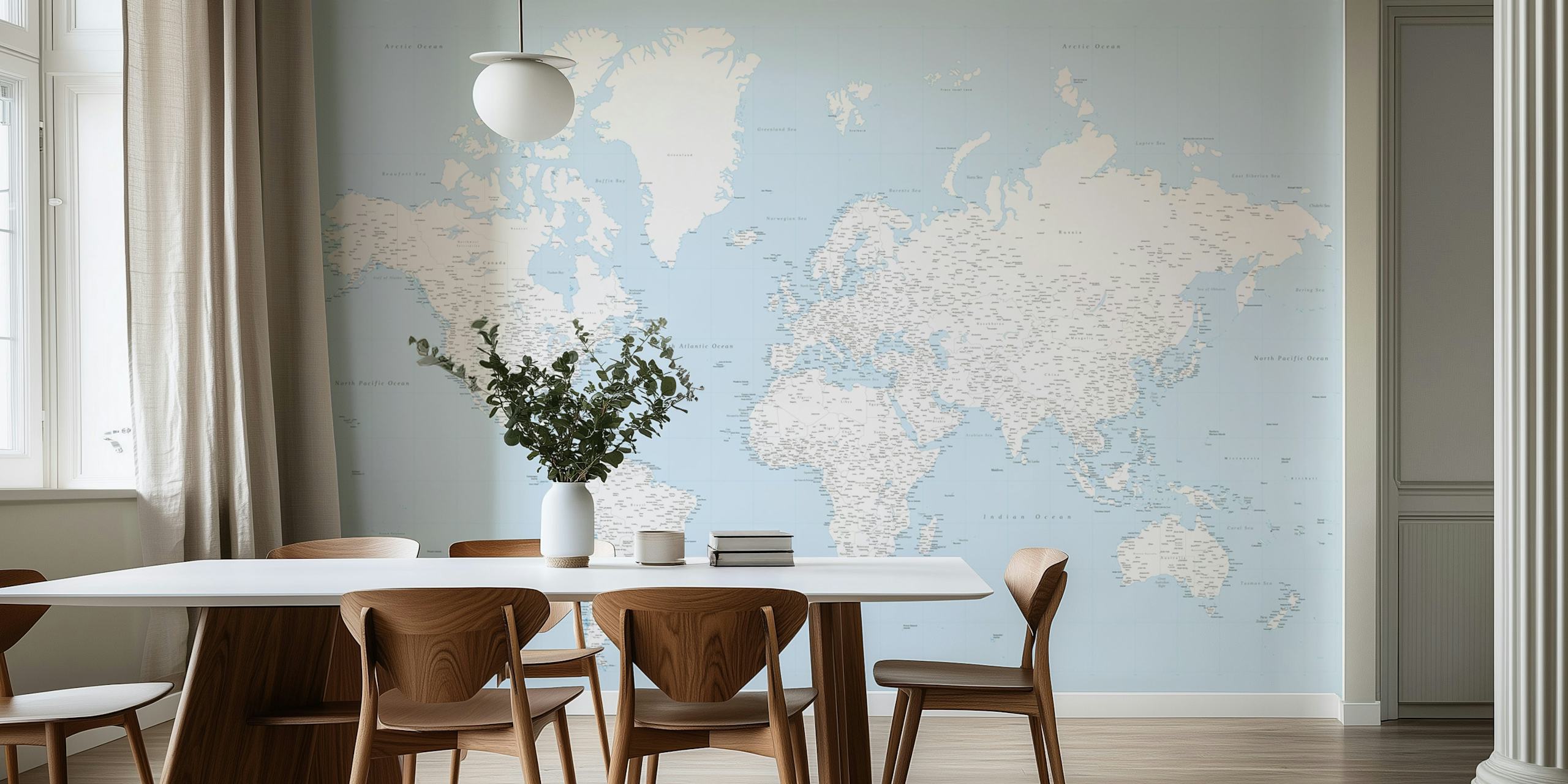 World map wallpaper in baby blue color