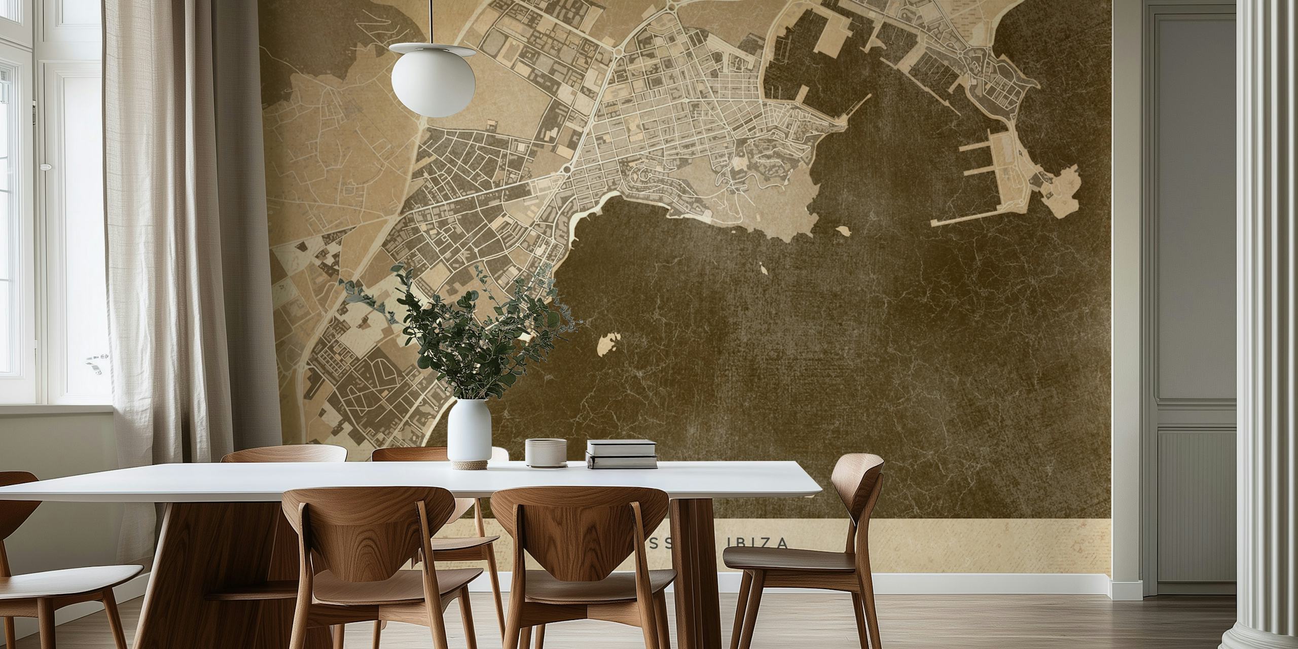 Ibiza map in sepia tones with detailed city layout wallpaper
