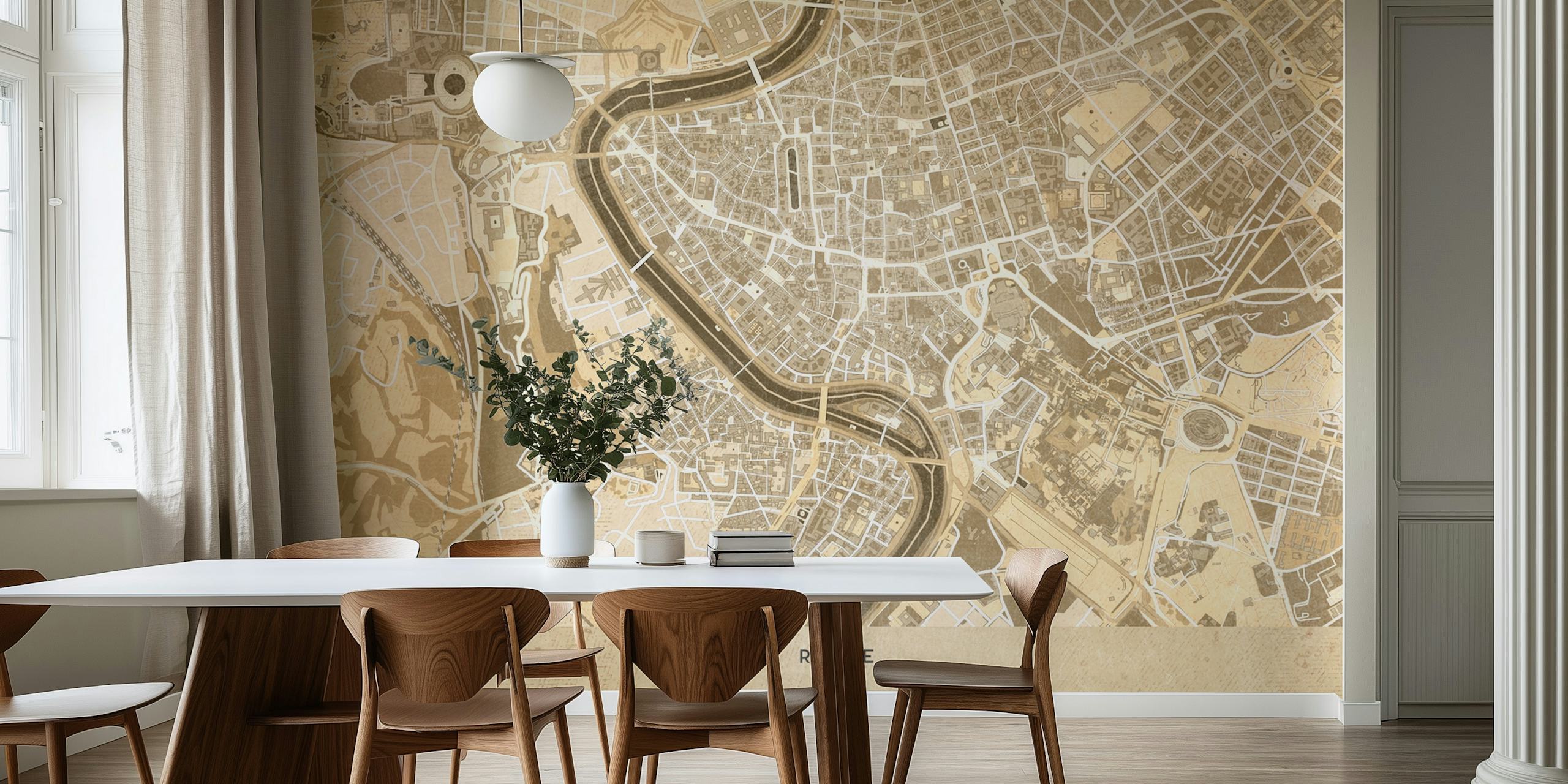 Detailed sepia map of Rome, Italy, showing streets and landmarks, vintage style wallpaper