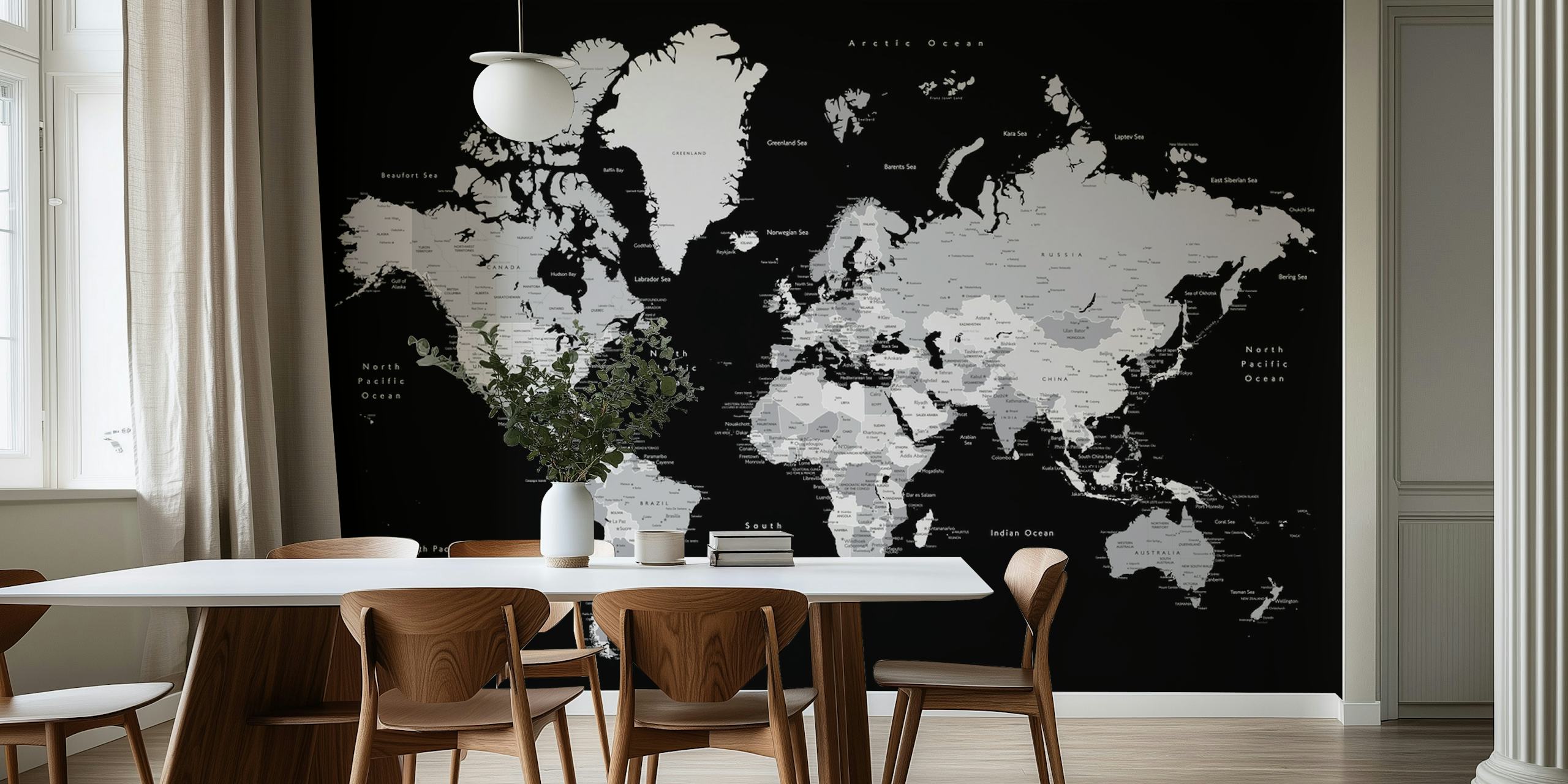 Carta da parati con mappa del mondo in bianco e nero con nomi di città