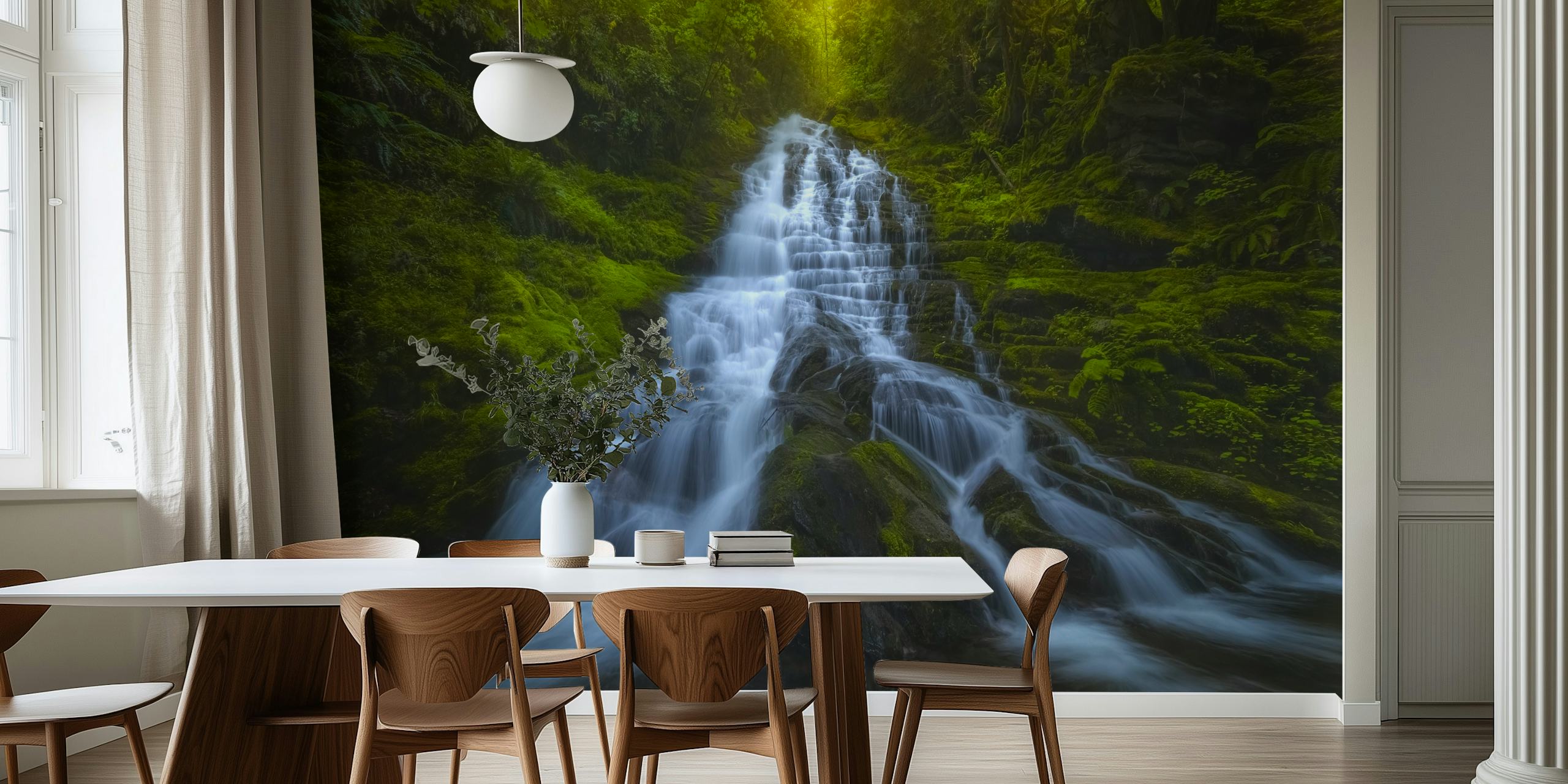 Lush green waterfall wall mural bringing nature's serenity indoors