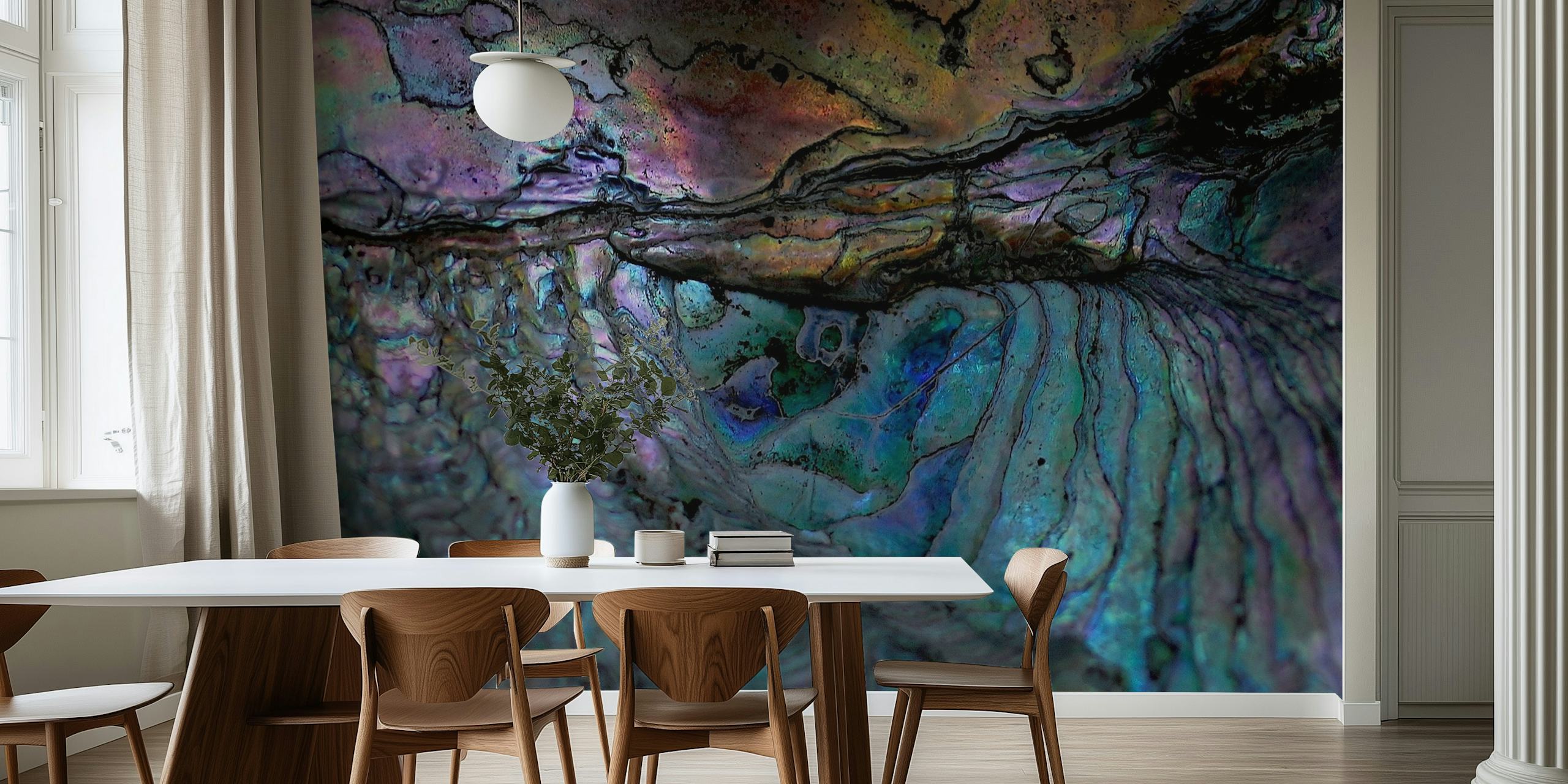 Colorful iridescent shell patterns in blue, green, and purple wallpaper