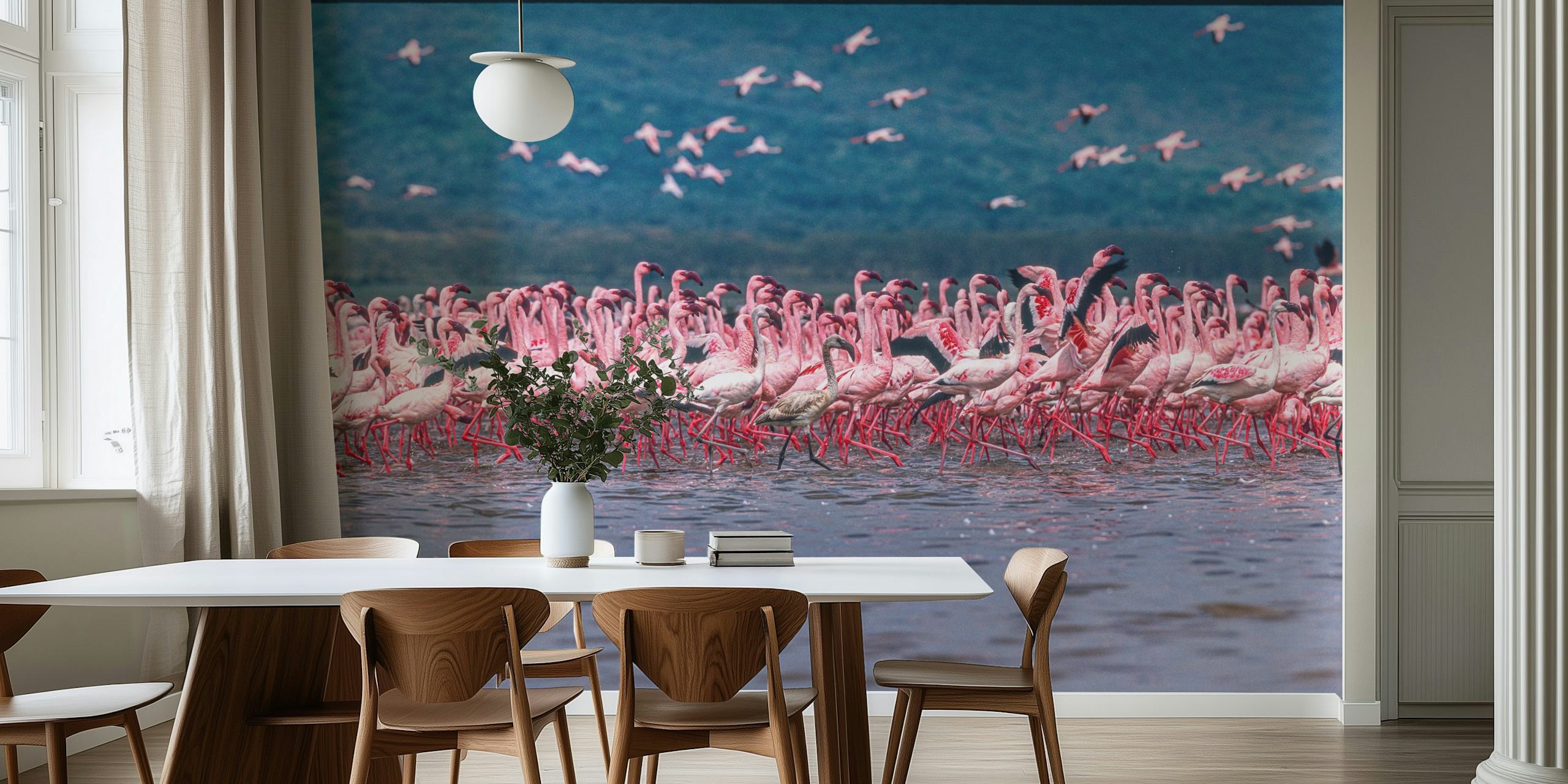Flamingos in pink hues with a natural background wall mural