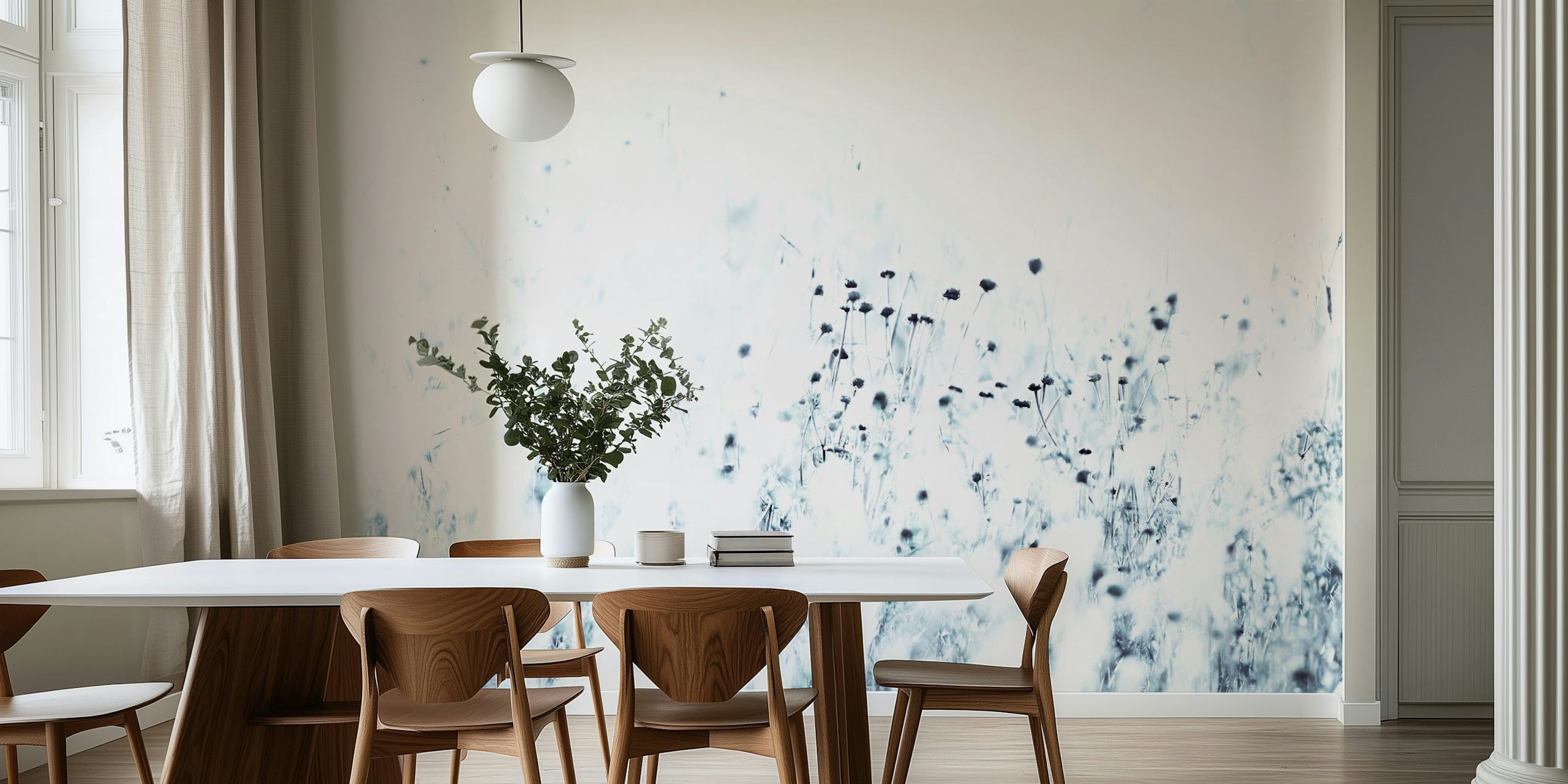 Minimalist Syrian Thistle Wall Mural with White Background and Black Spots