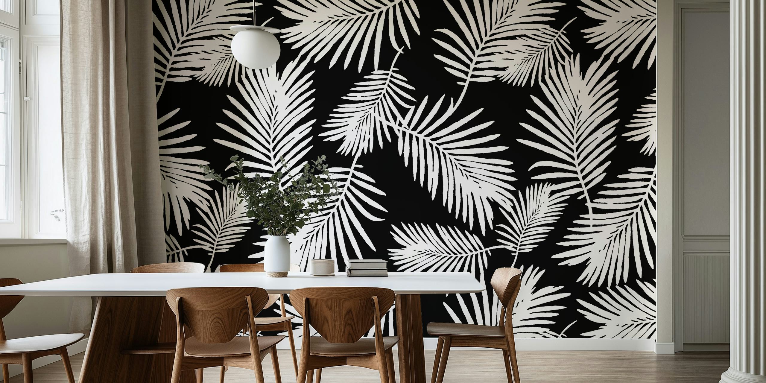 Black and white tropical palm leaf pattern wallpaper