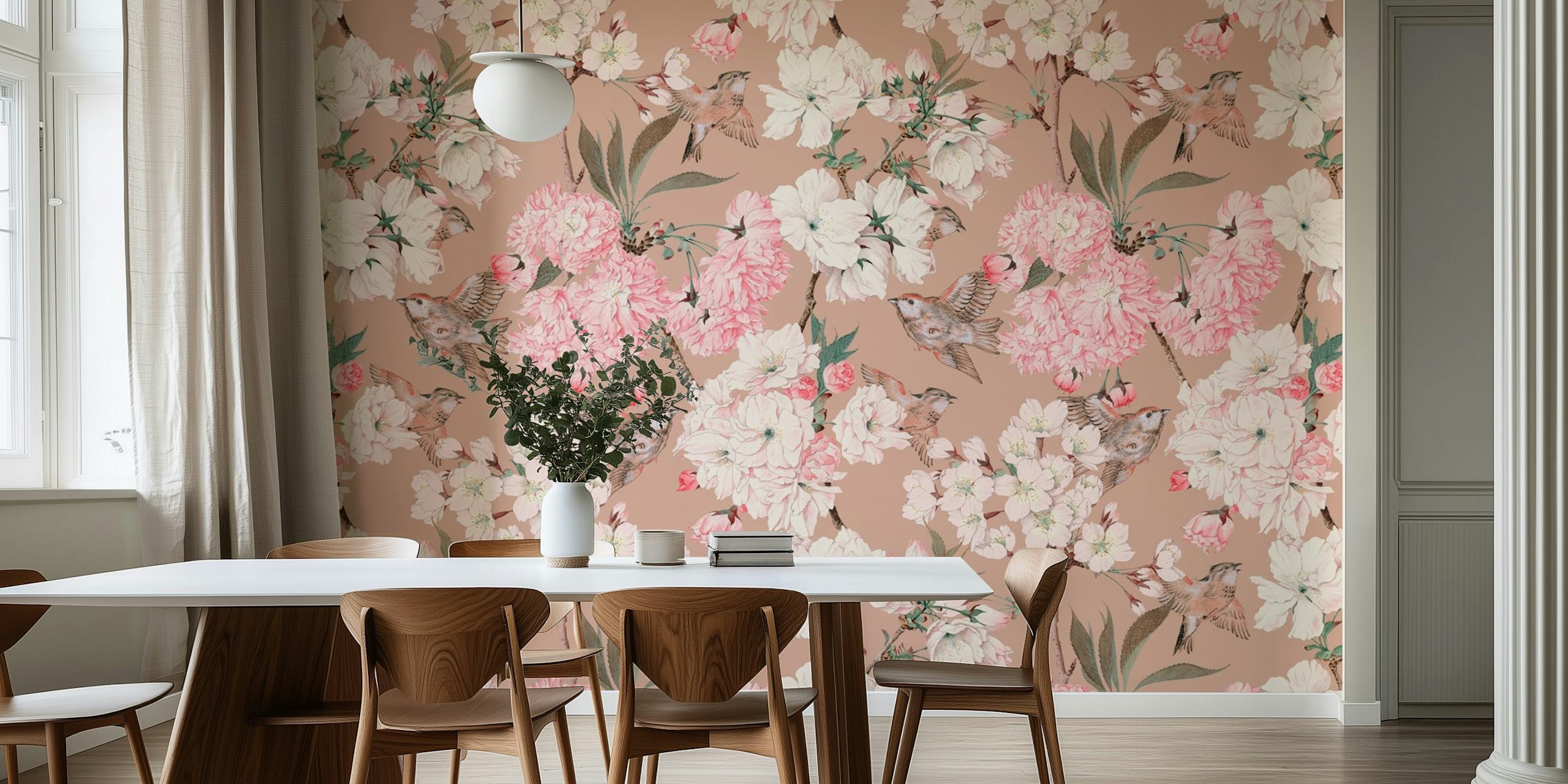 Vintage kersenbloesem op taupe achtergrondmuurschildering