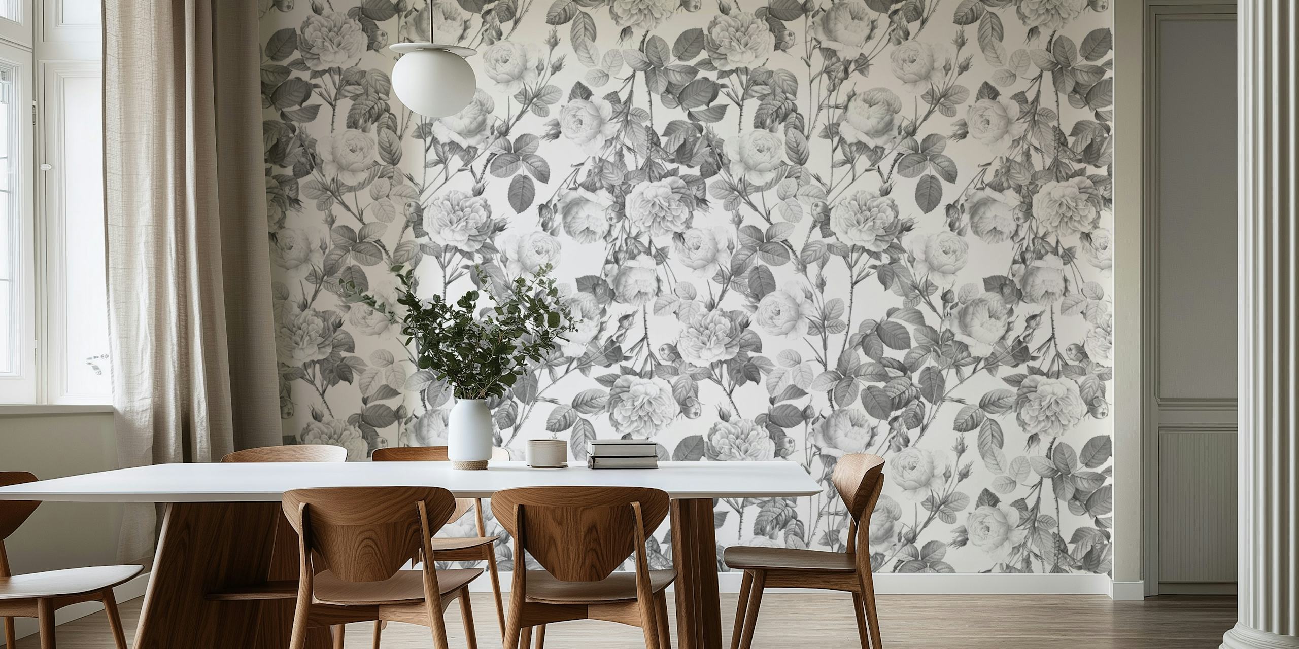 Monochrome floral design featuring white vintage roses on a light background wallpaper