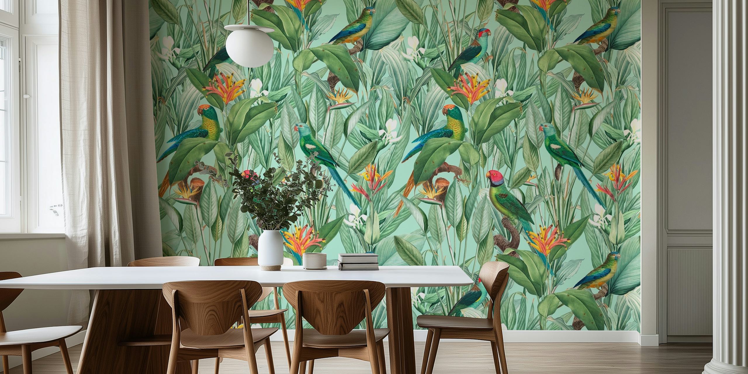 Tropical parrots wallpaper in a lush setting