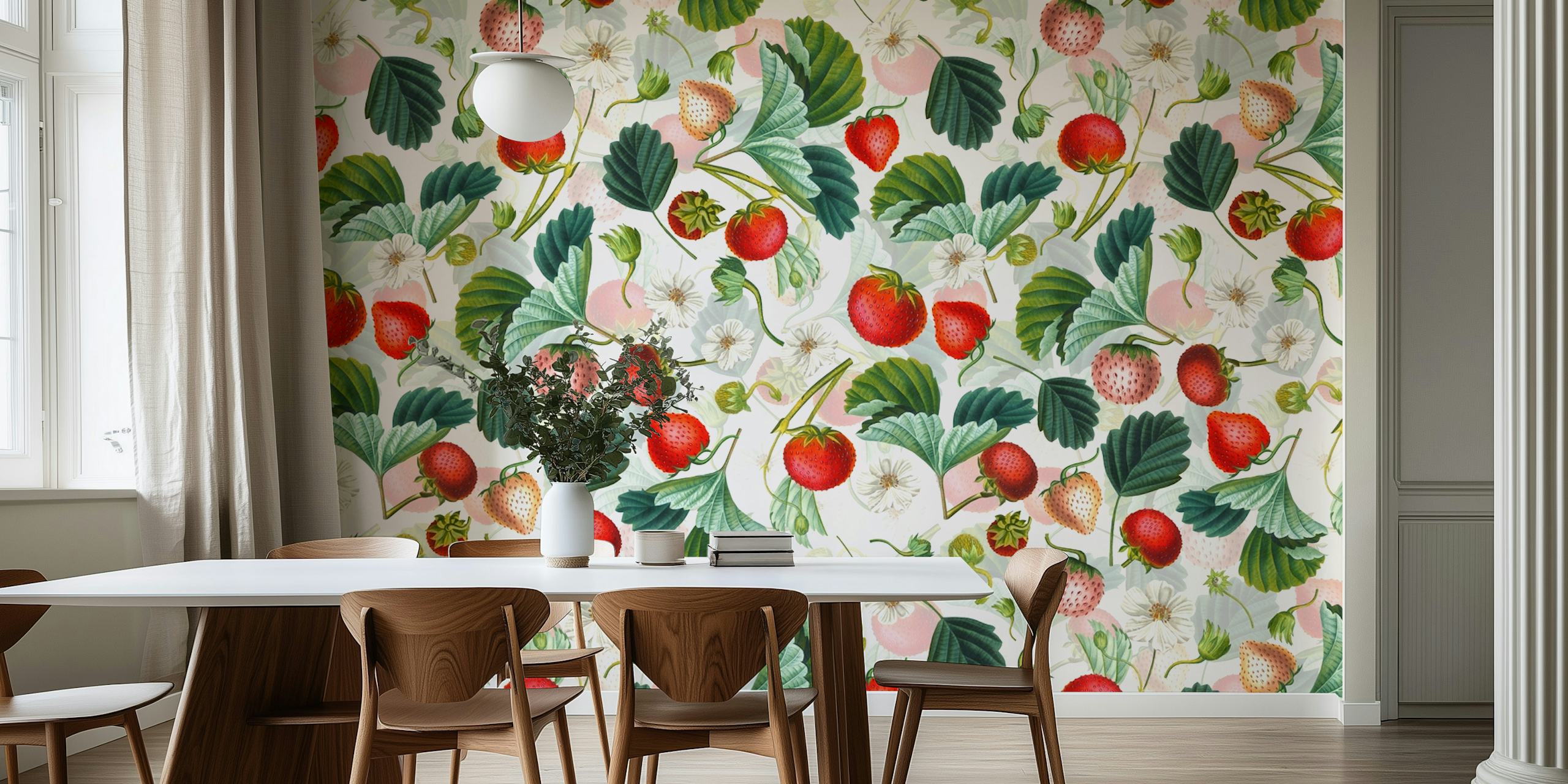 Vintage strawberries and flowers pattern on white wallpaper
