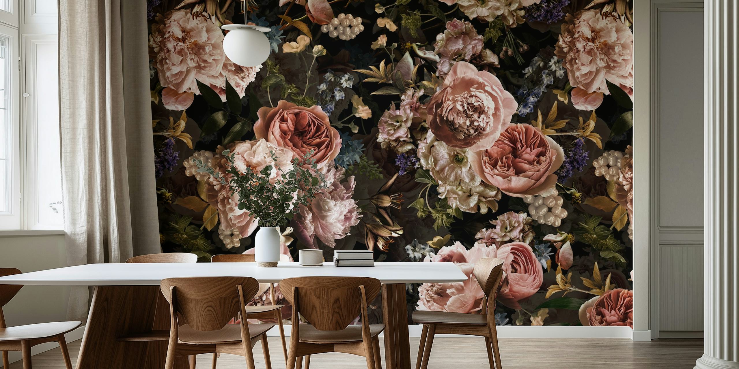 Elegant Baroque floral wallpaper with pink peonies and dark backdrop