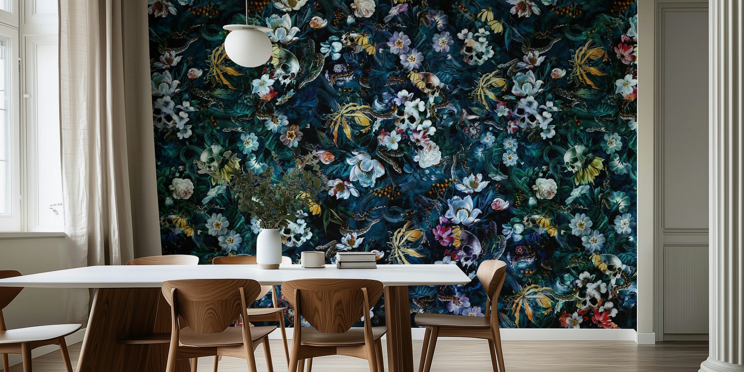 Fascinante fondo de pantalla digital con Skull, Snake y Flowers