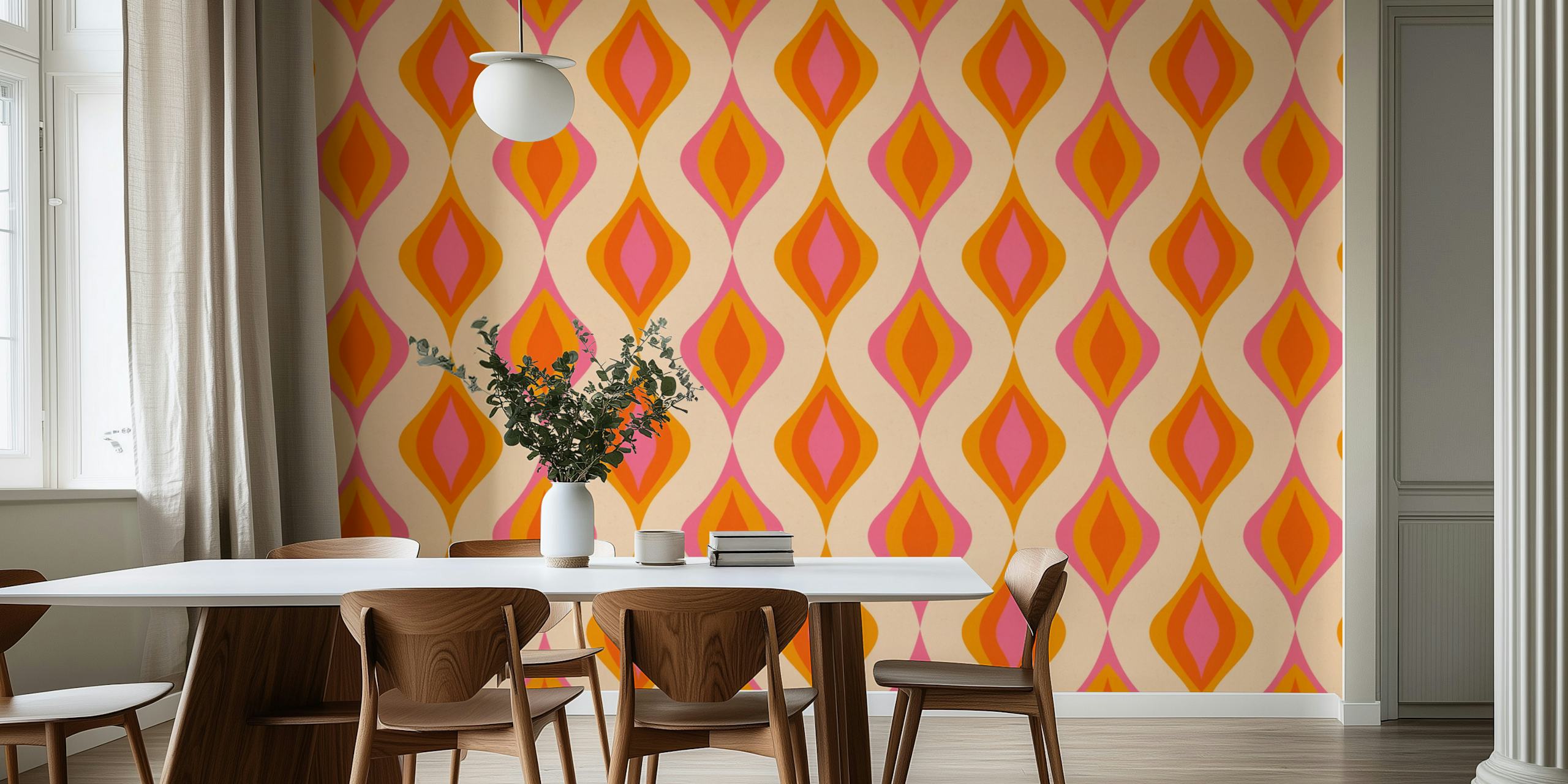 Colorful retro ornament patterns in bright pink and orange wallpaper