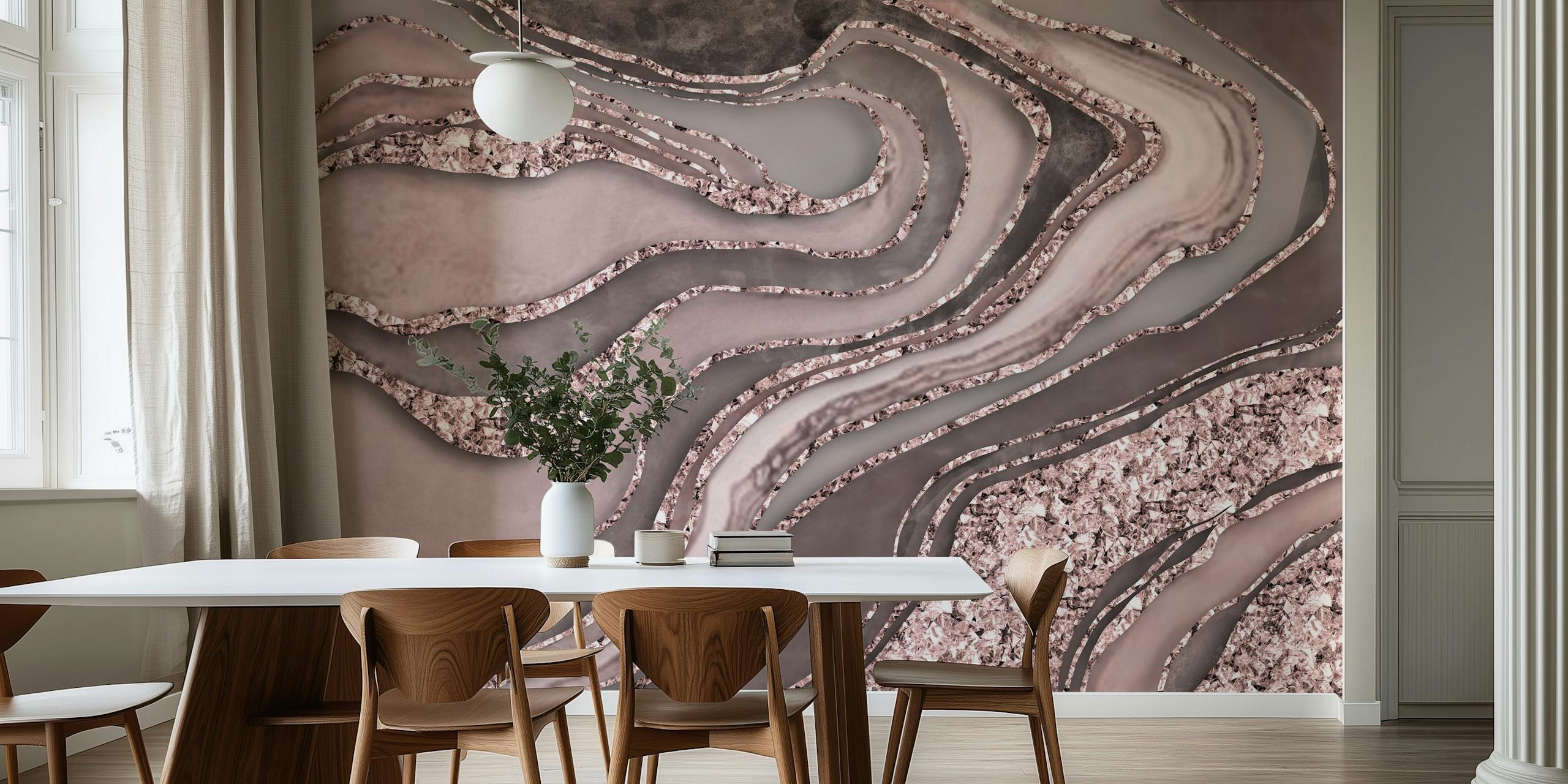 Rosegold crystal marble wallpaper with flowing patterns