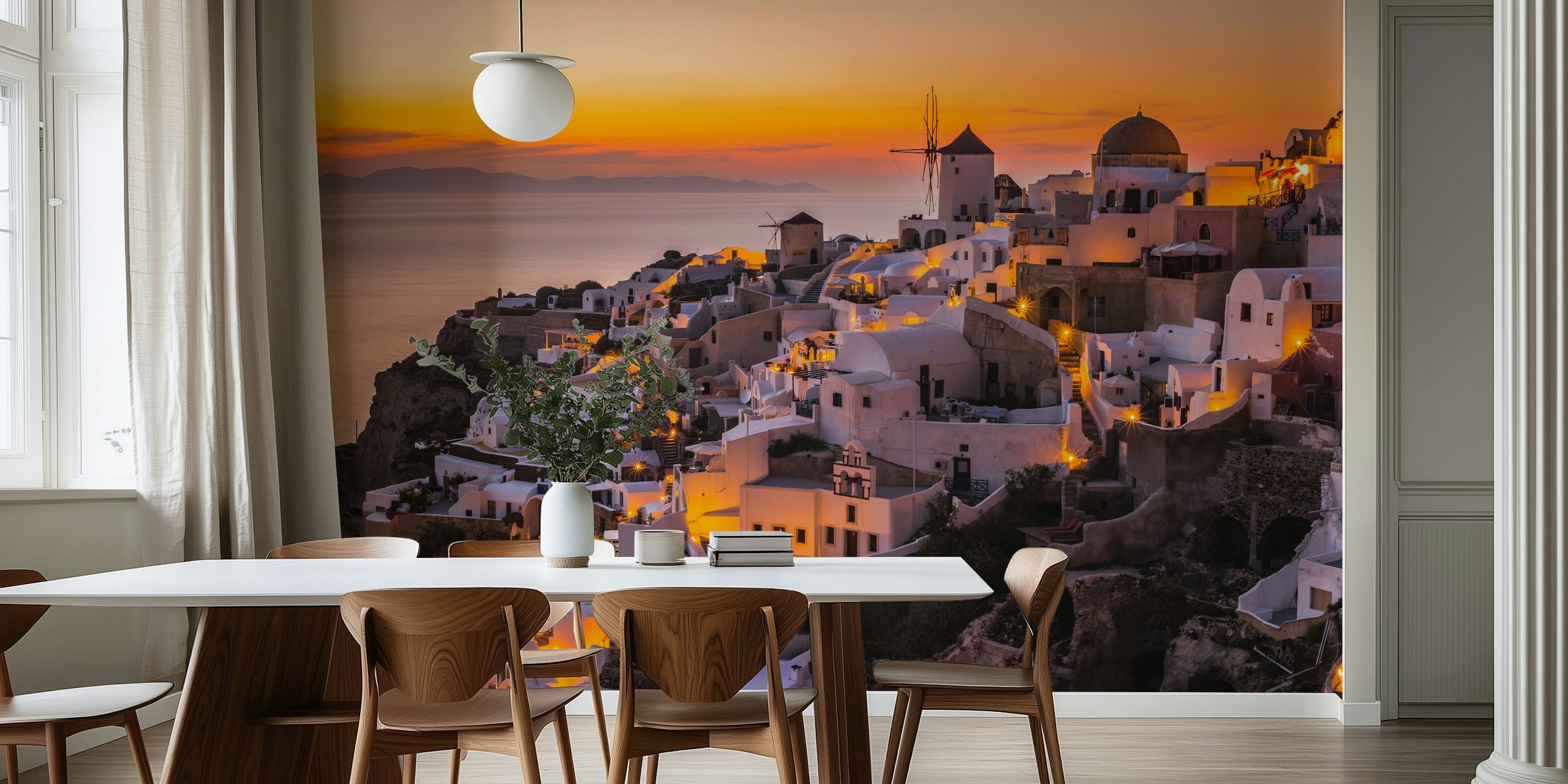Santorini sunset landscape with white buildings and warm colors wallpaper