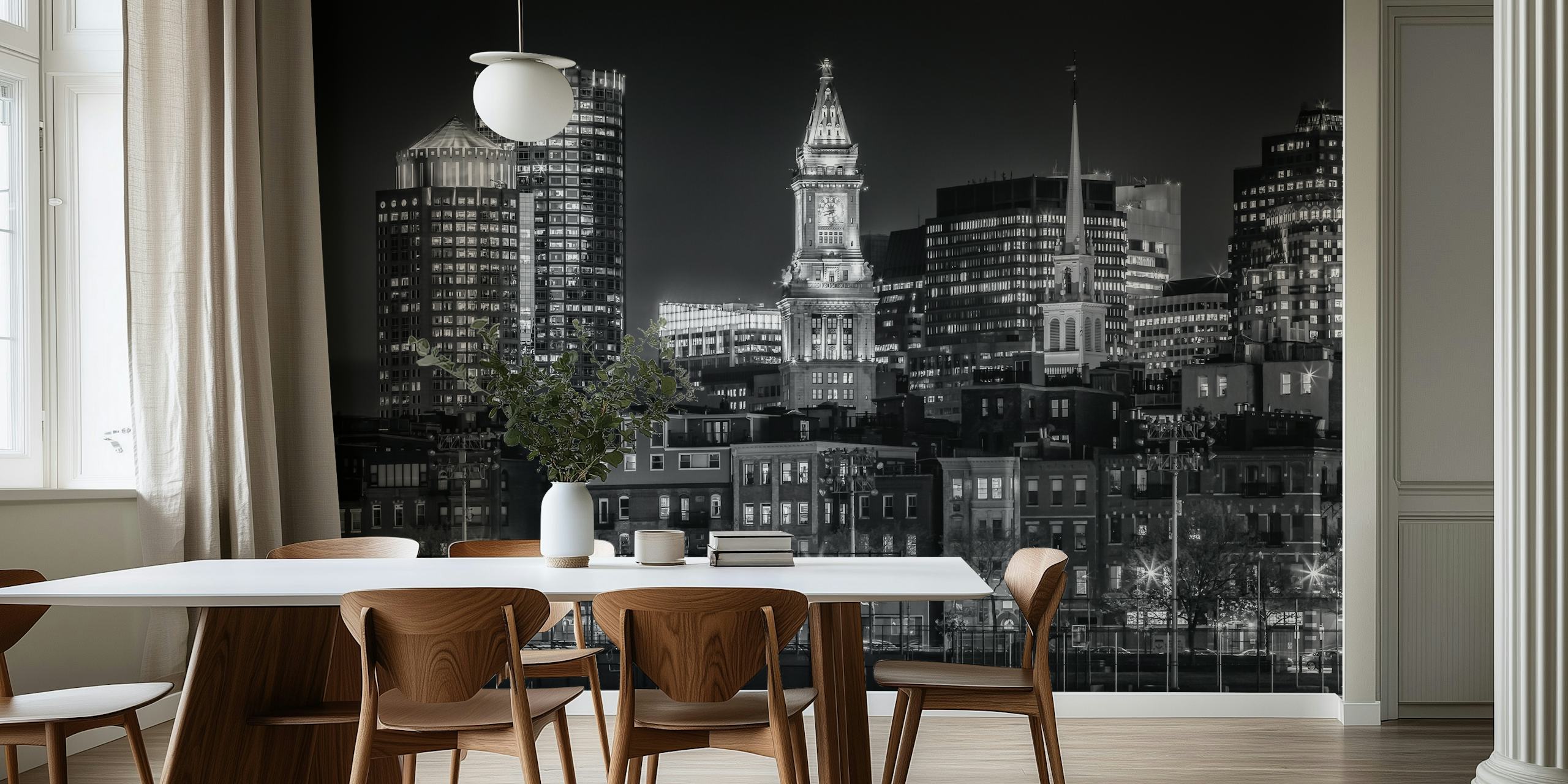Black and white skyline featuring Boston city buildings and lights wallpaper