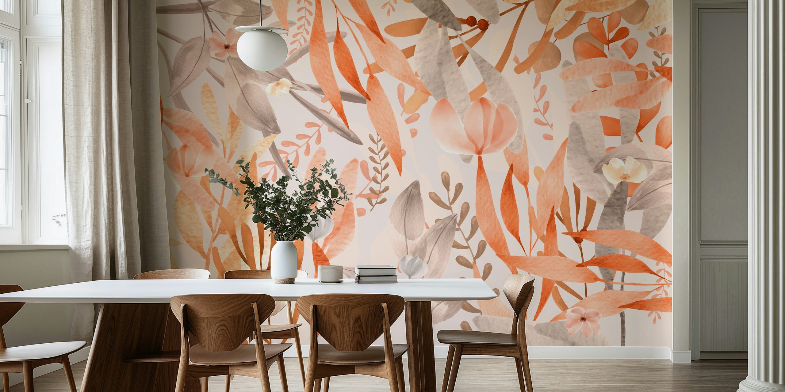 Floral design with peach and gray leaves and flowers wallpaper