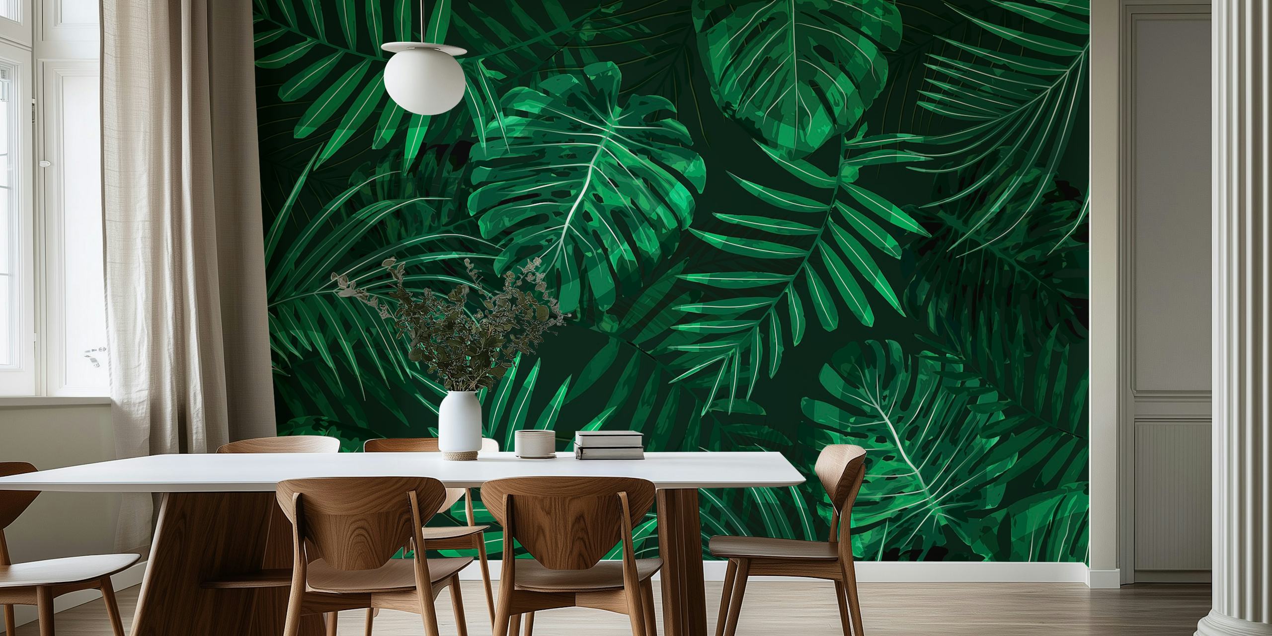 Tropical Monstera palm leaves in various shades of green wallpaper