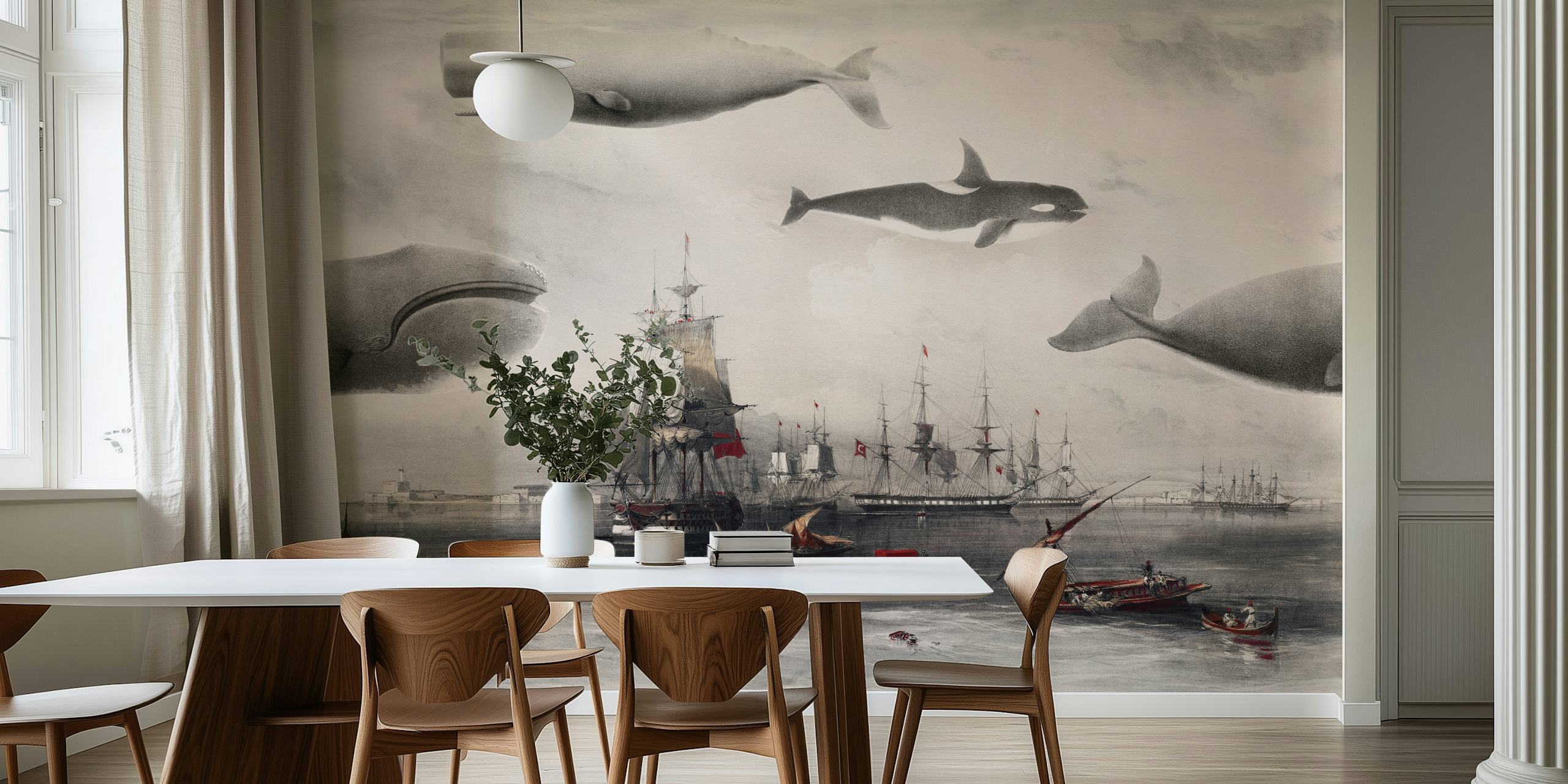 Tapeta Whales and ships u sobi