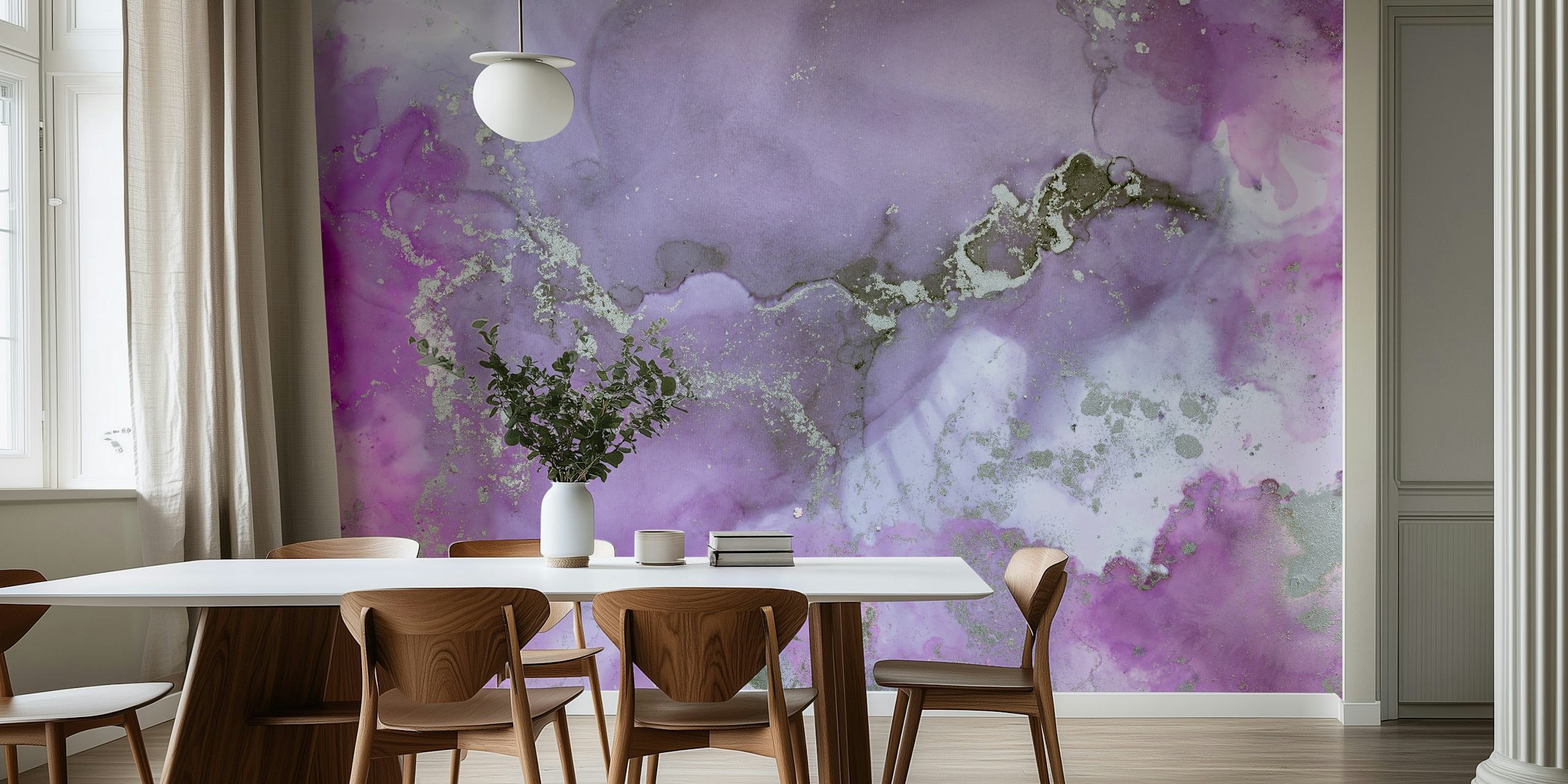 Alcohol Ink Art Pink Silver wallpaper displayed in a room