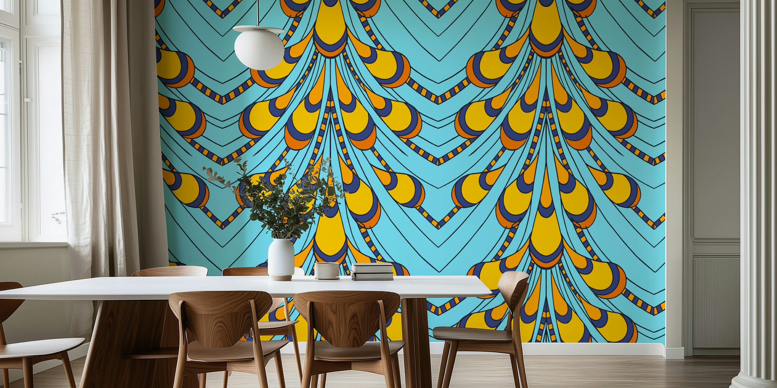 Blue and yellow peacock feather pattern wallpaper