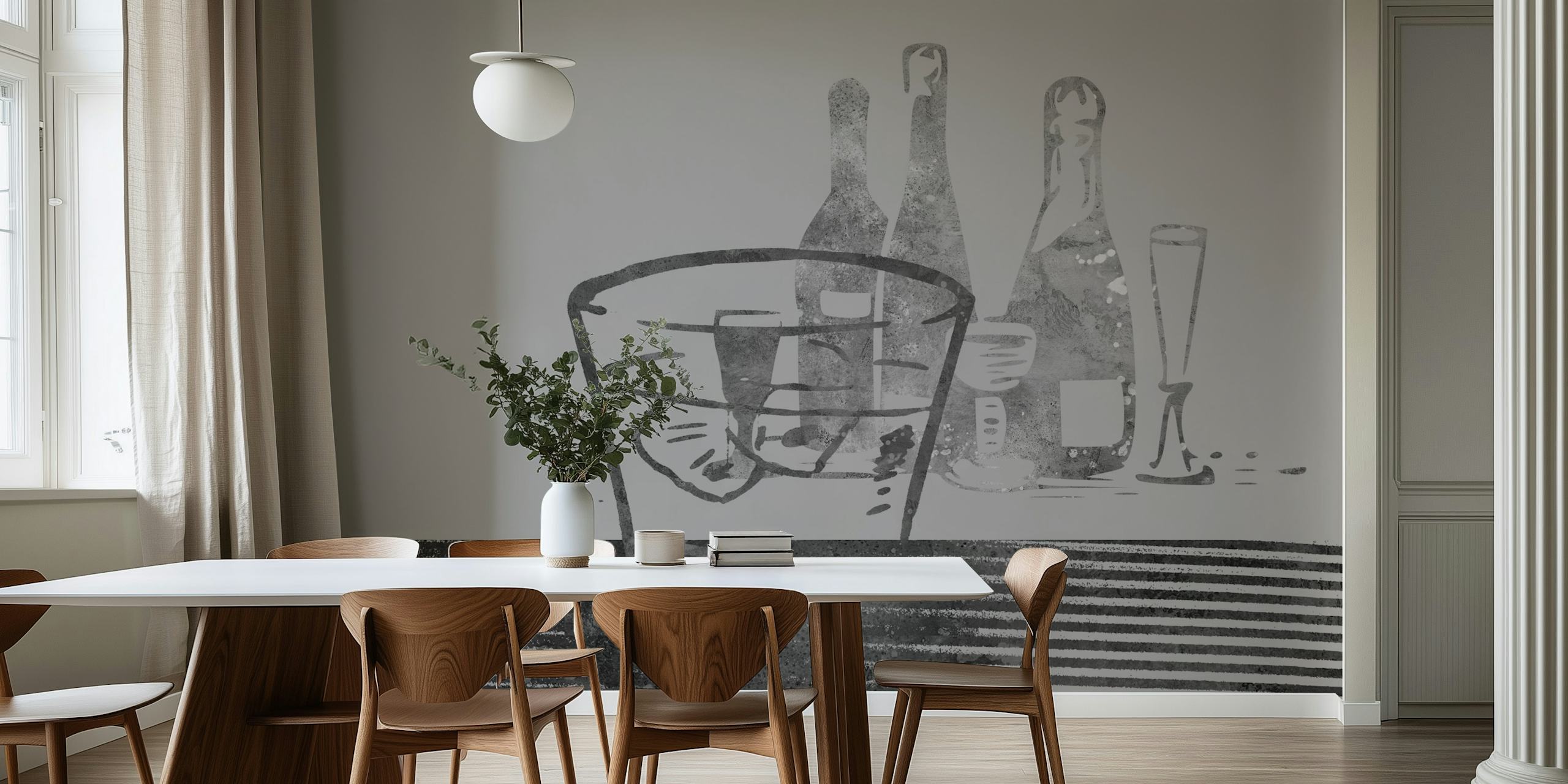 Champagne bottles and glasses in black and white wallpaper
