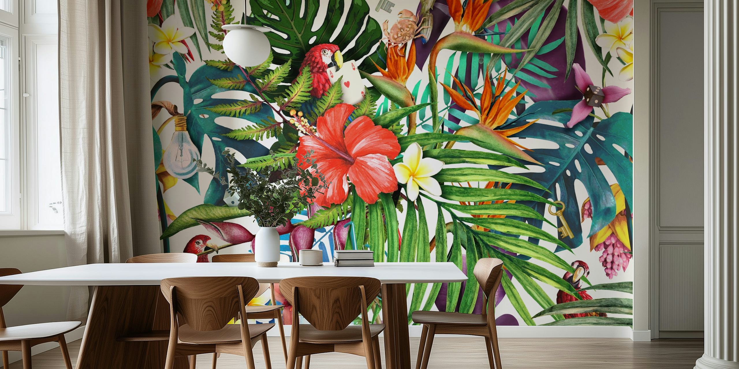 Tropical floral wallpaper featuring vivid flowers, green leaves, and colorful birds