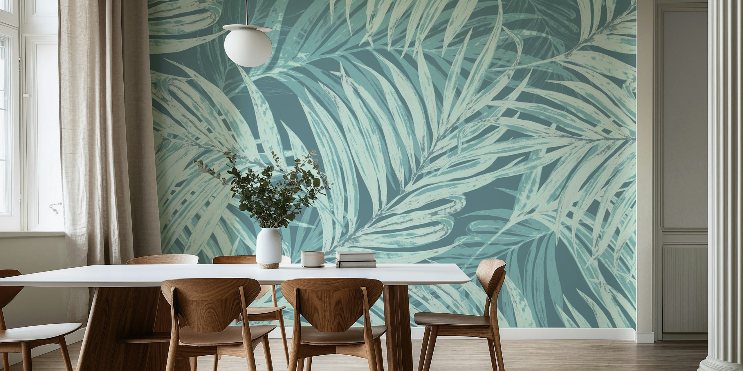 Papel de parede Palm Leaves Jumbo em quarto turquesa