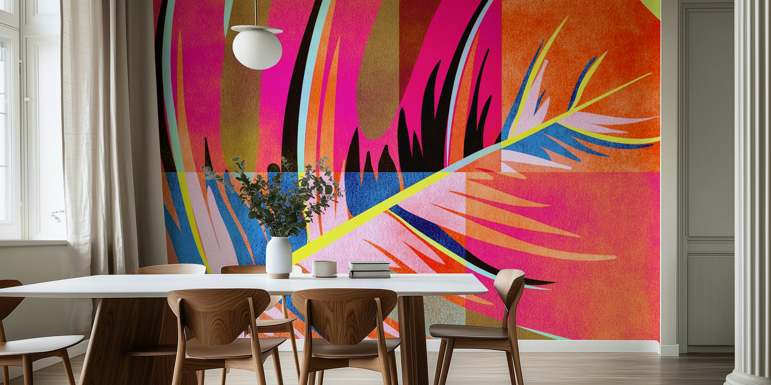 Fargerik pop-art stil monstera leaf veggmaleri med geometriske aksenter